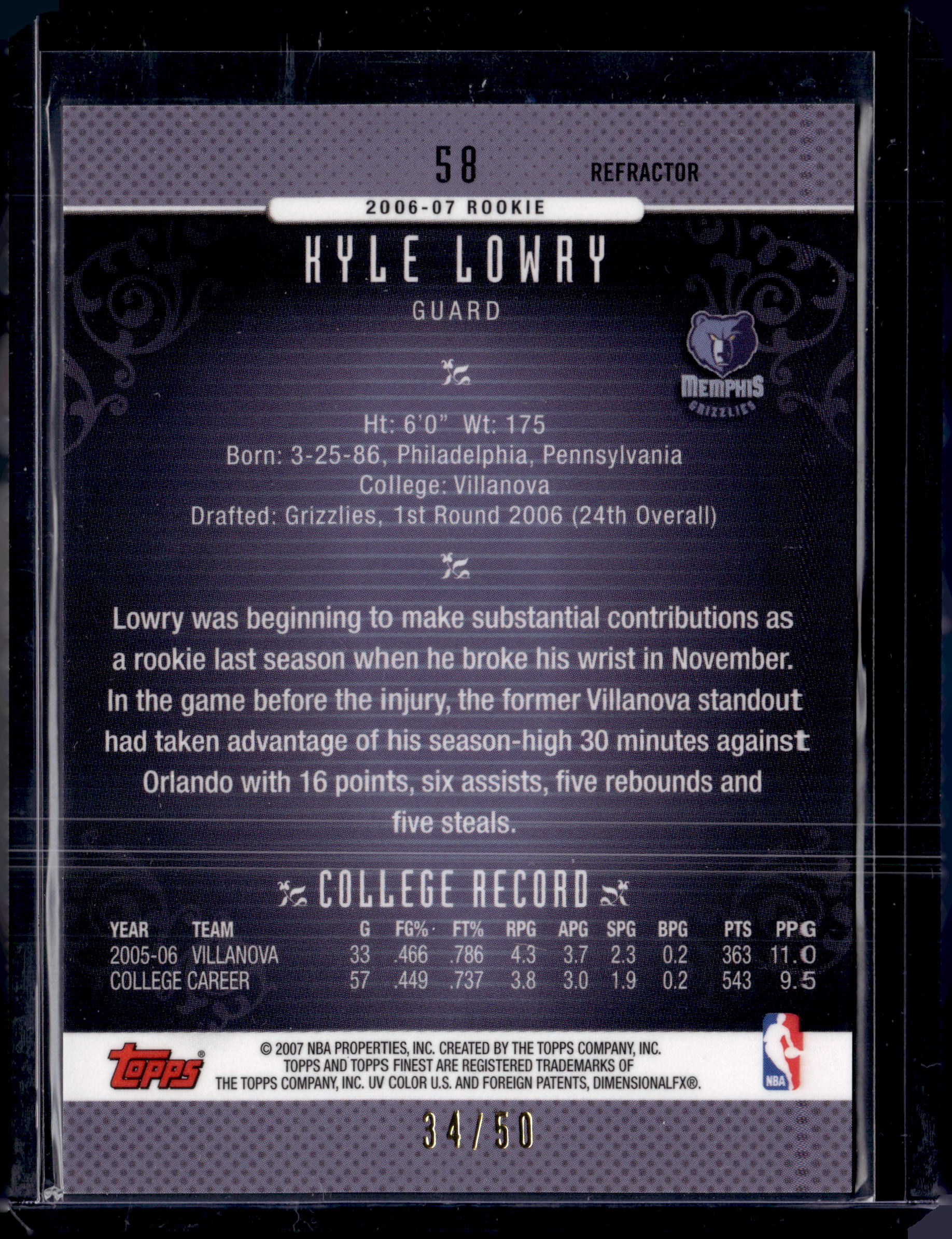 2006/07 Topps Finest Gold Refractor /50 Kyle Lowry Rookie