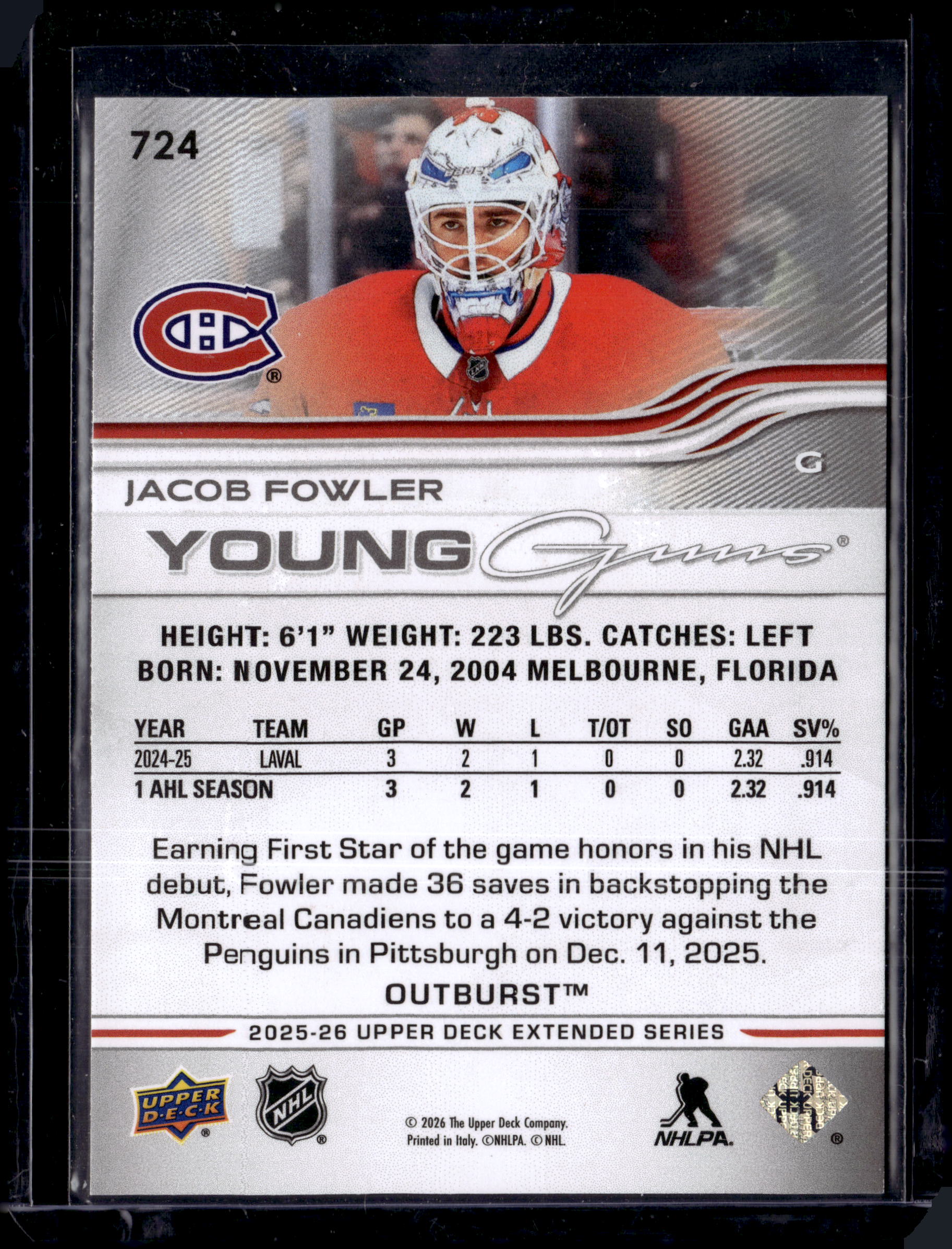 2025-26 Upper Deck Extended Series Jacob Fowler Young Guns Outburst Canadiens
