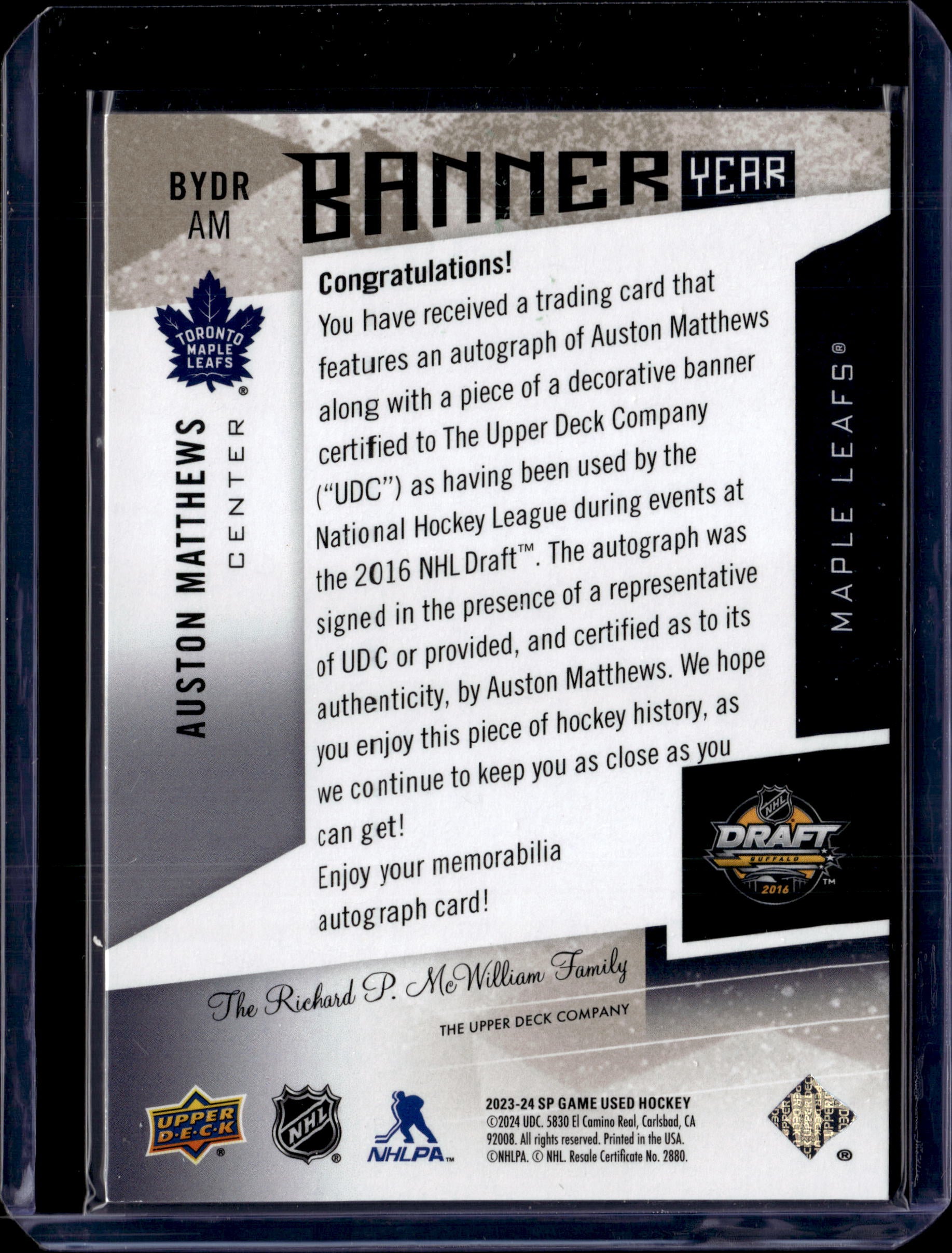 2023-24 Upper Deck SP Game Used Auston Matthews Banner Year /10 Auto