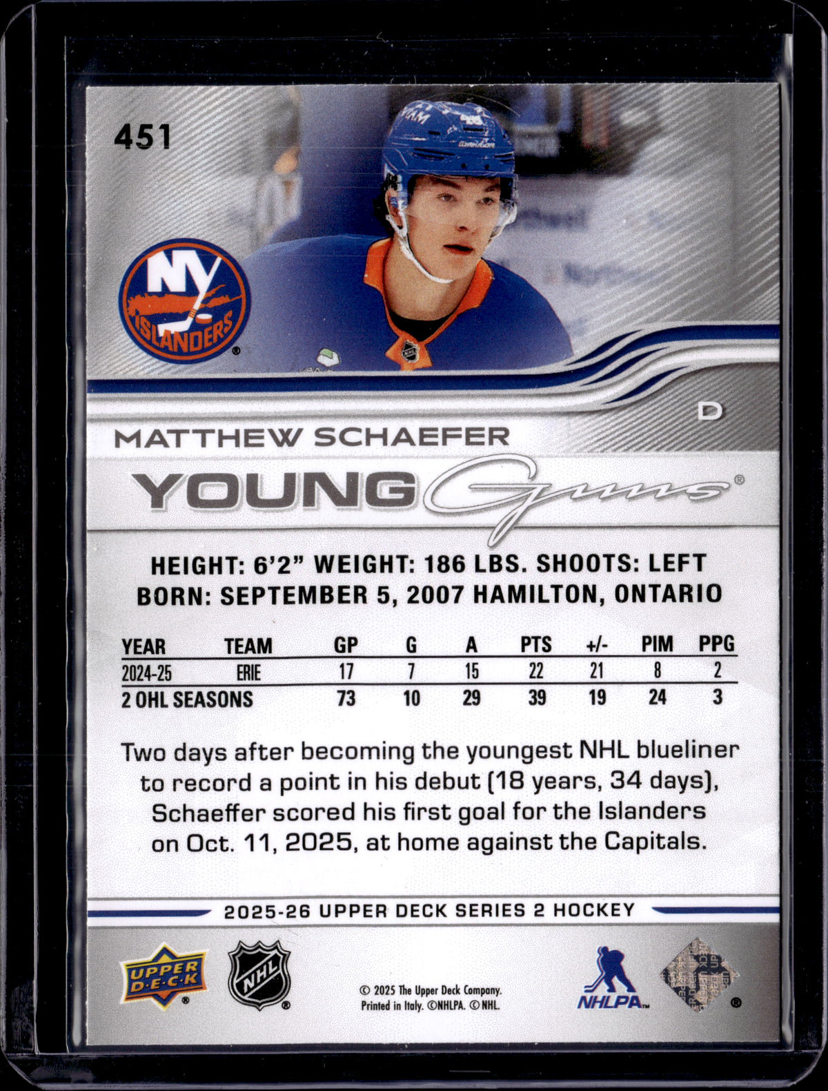2025-26 Upper Deck Young Guns Matthew Schaefer #451 (D)