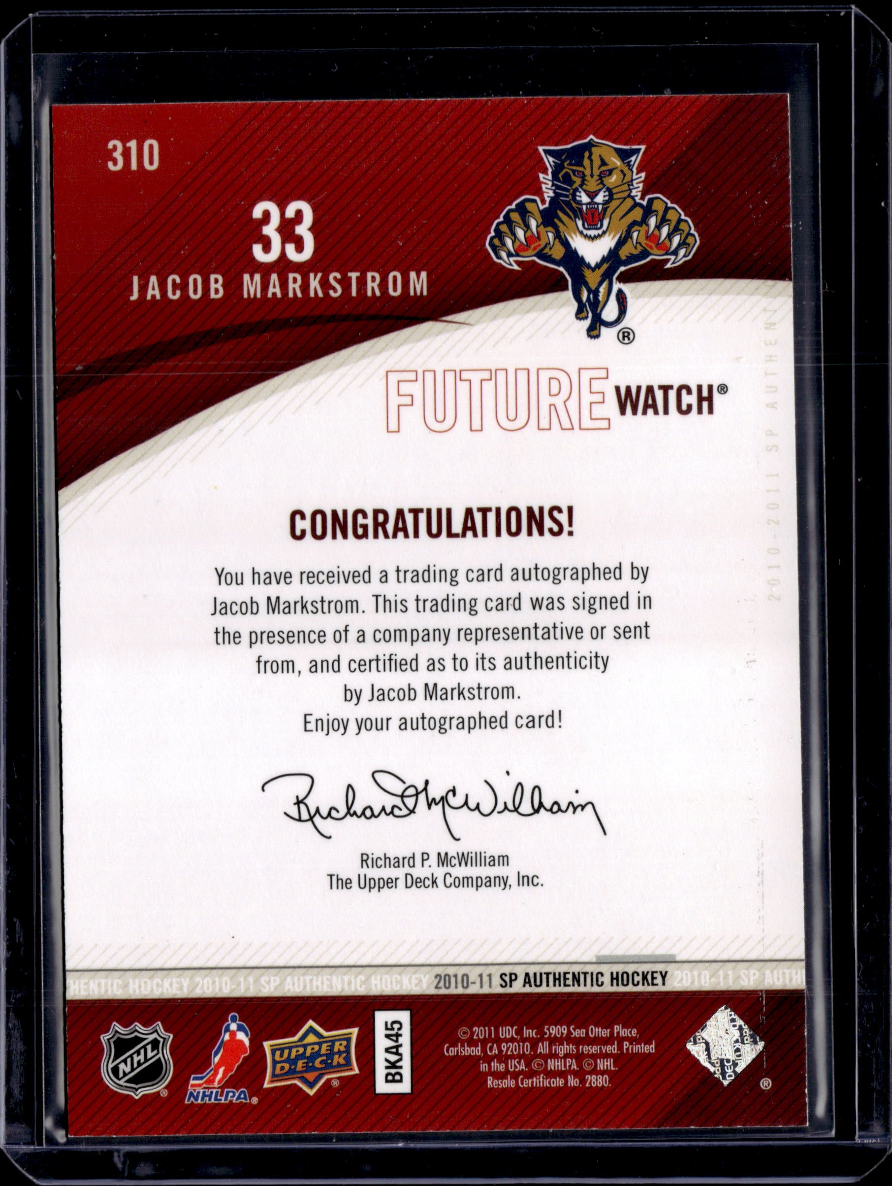2010/11 SP Authentic Future Watch Auto Jacob Markstrom /999