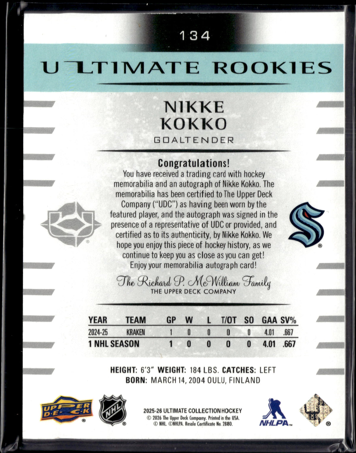 2025/26 Ultimate Rookies Patch Auto Nikke Kokko /99