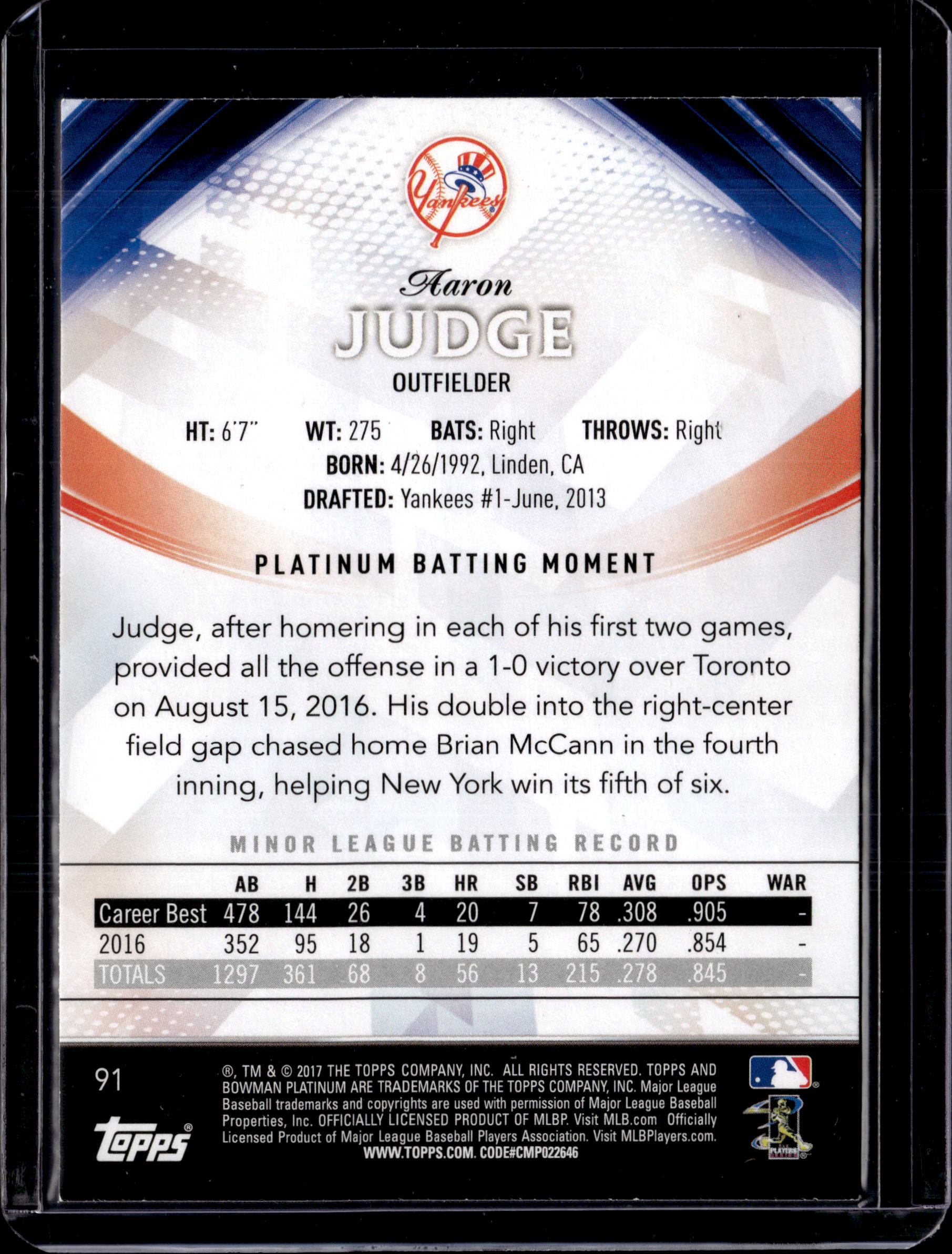 2017 Bowman Platinium Rookie Aaron Judge #91
