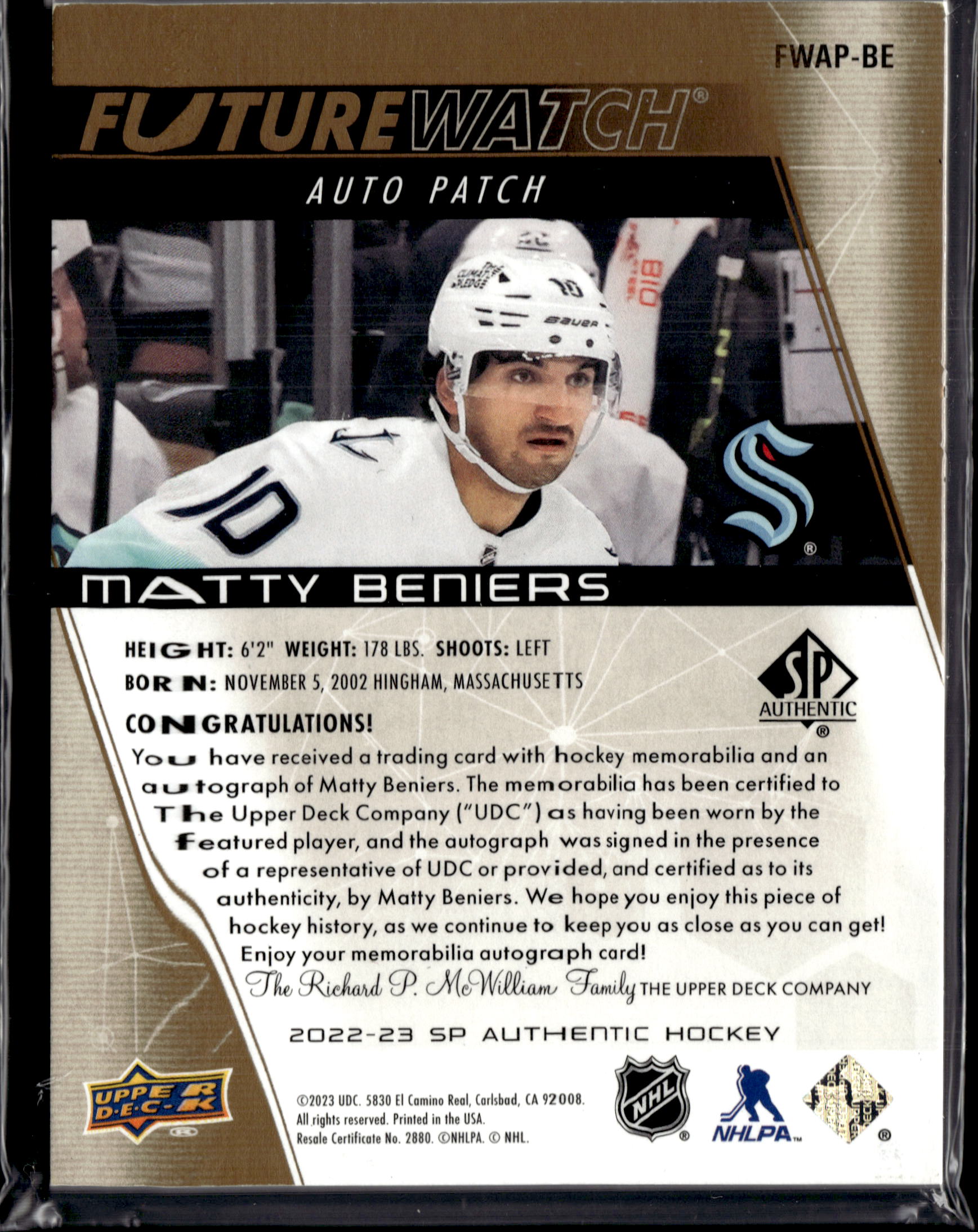 2022-23 SP Authentic Future Watch Auto Patch Matty Beniers /100