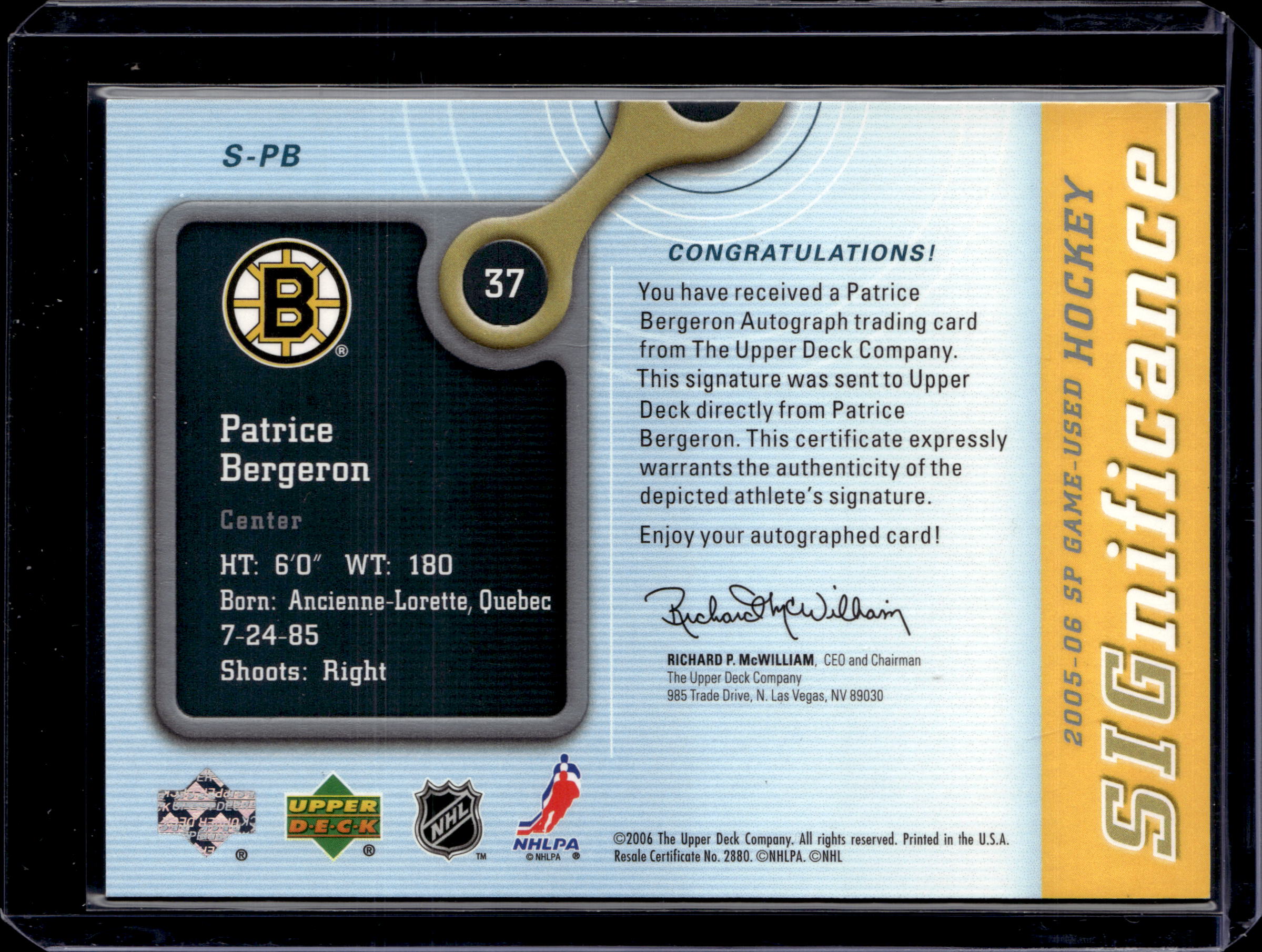2006 Upper Deck SIGnificance Patrice Bergeron /100