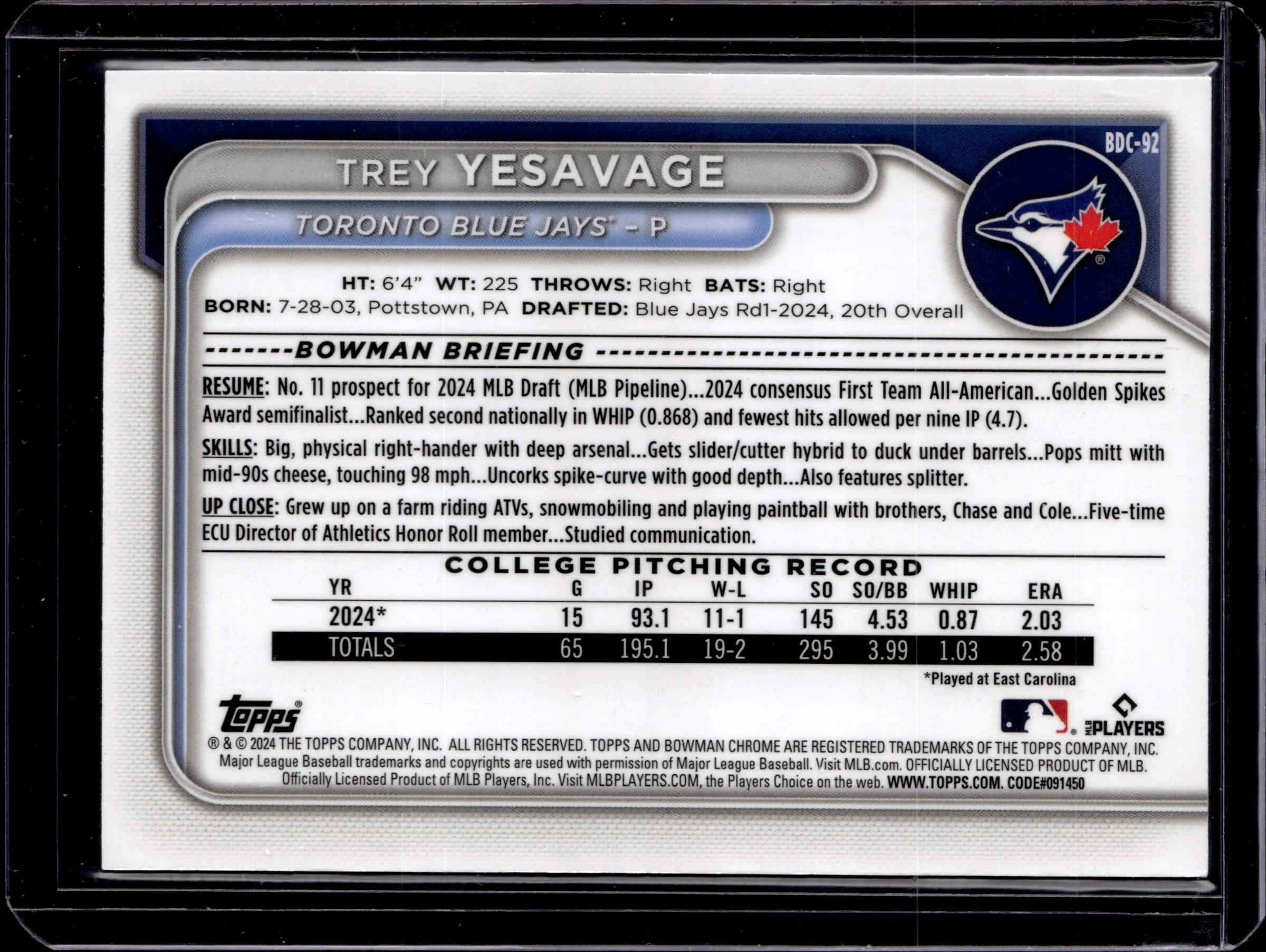 2024 Topps Bowman Chrome 1st Trey Yesavage Gold /50