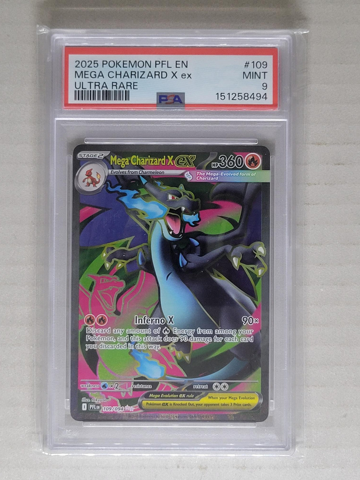 Pokemon 2025 PFL Mega Charizard X EX 109/094 Ultra Rare Holo EN PSA 9 (a)