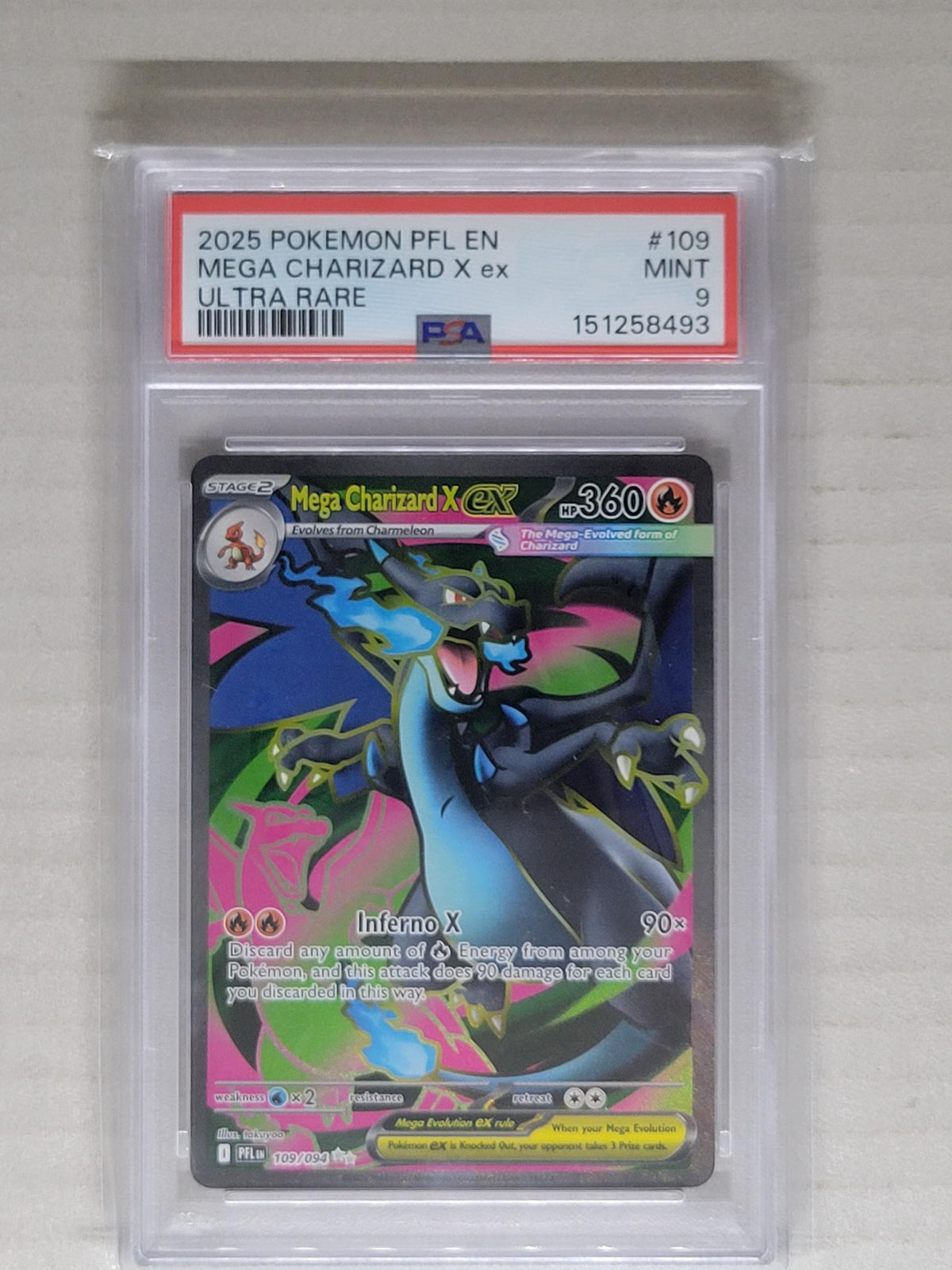 Pokemon 2025 PFL Mega Charizard X EX 109/094 Ultra Rare Holo EN PSA 9 (b)