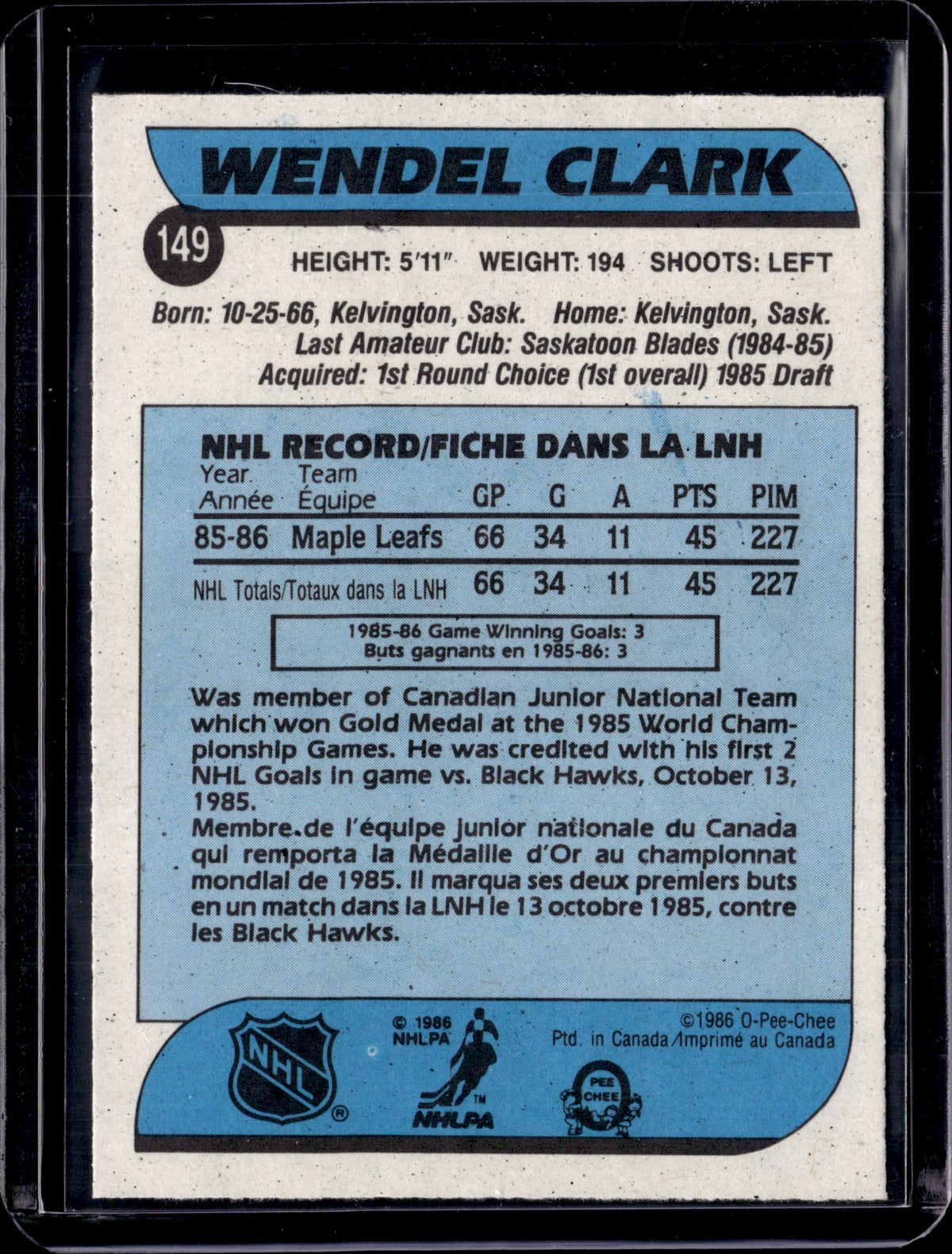 1986 O-Pee-Chee Rookie Wendel Clark #149 (B)