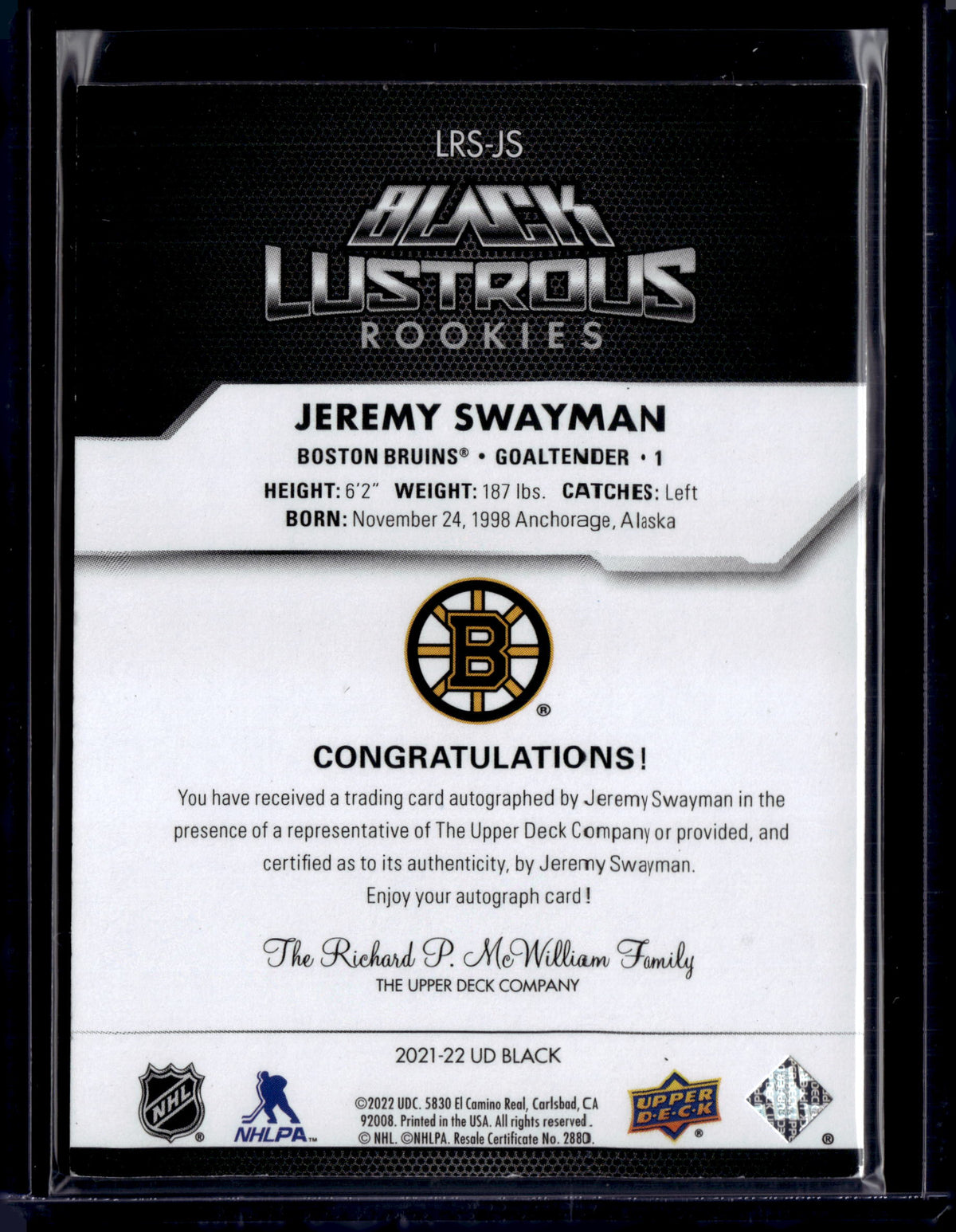 2021-22 Black Lustrous Rookie Auto Jeremy Swayman /199