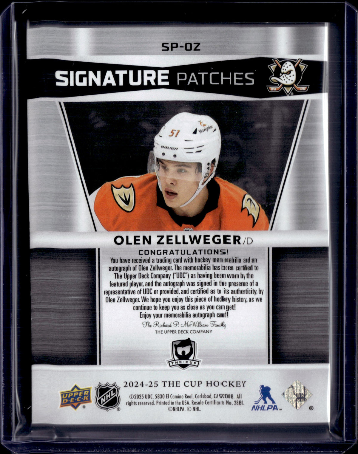 2024-25 The Cup Signature Patches Olen Zellweger /99