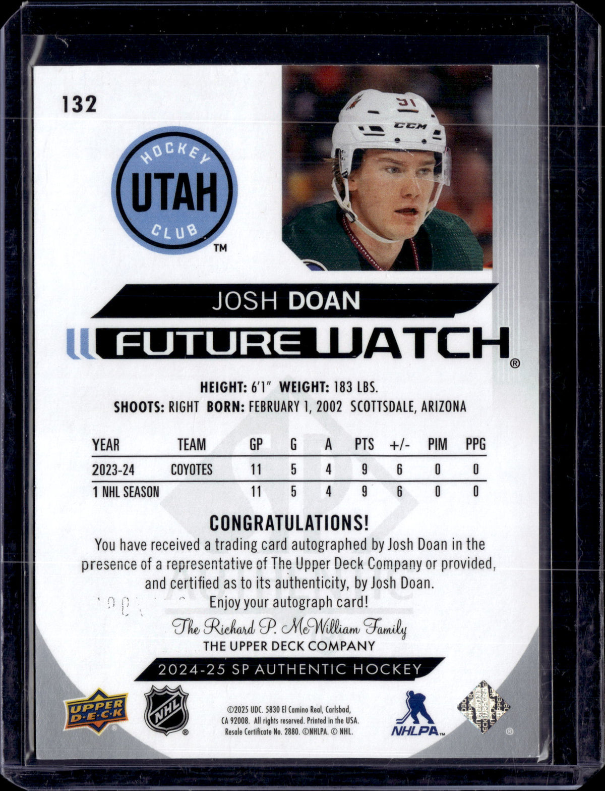 2024-25 SP Authentic Future Watch Auto Josh Doan /999 #132