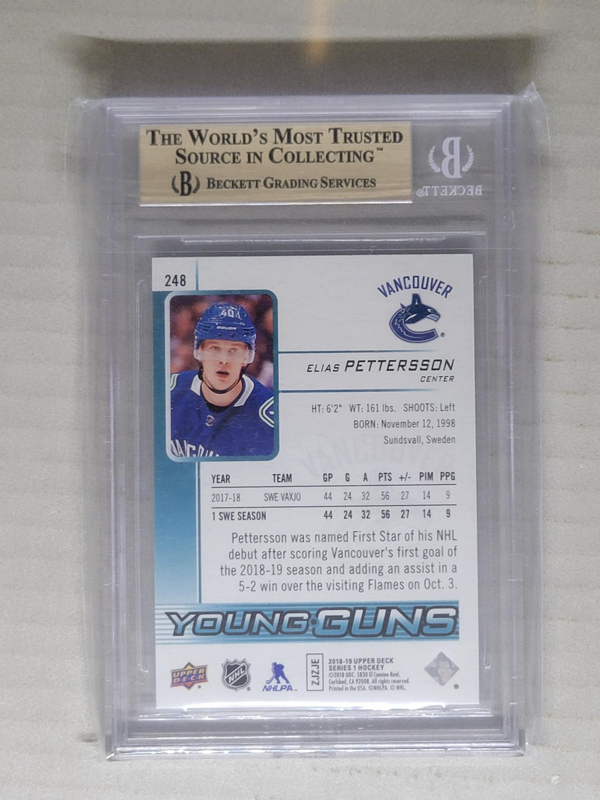 2018-19 Upper Deck Young Guns Elias Pettersson BGS 9.5
