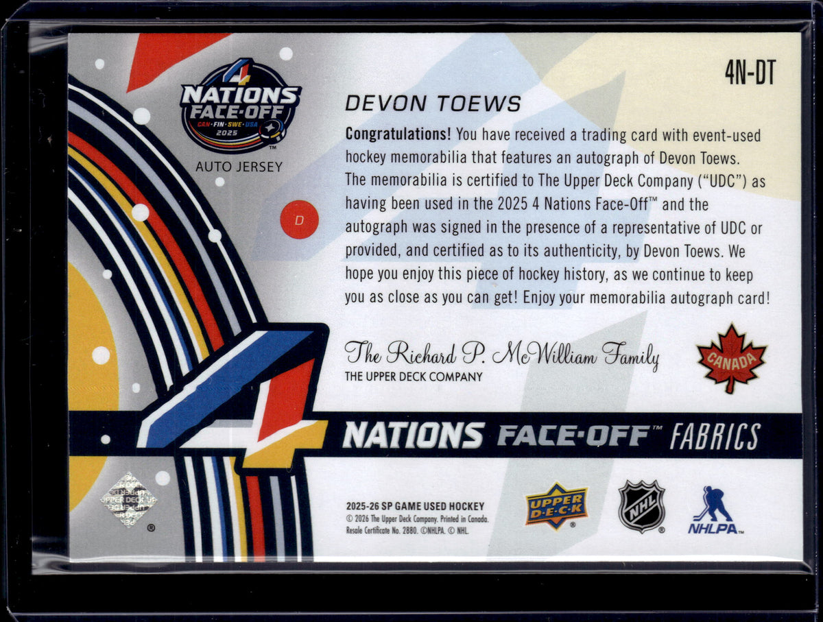 2025-26 SP Game Used Devon Toews 4 Nations Face Off Auto Jersey