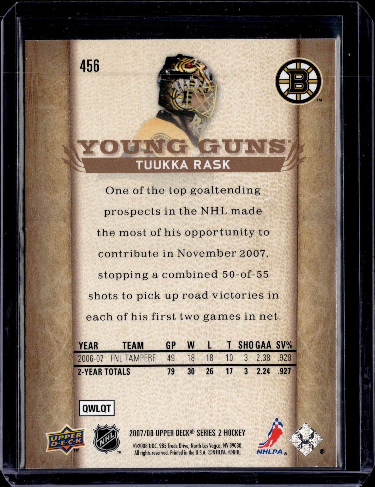 2007-08 Upper Deck Young Guns Tuukka Rask