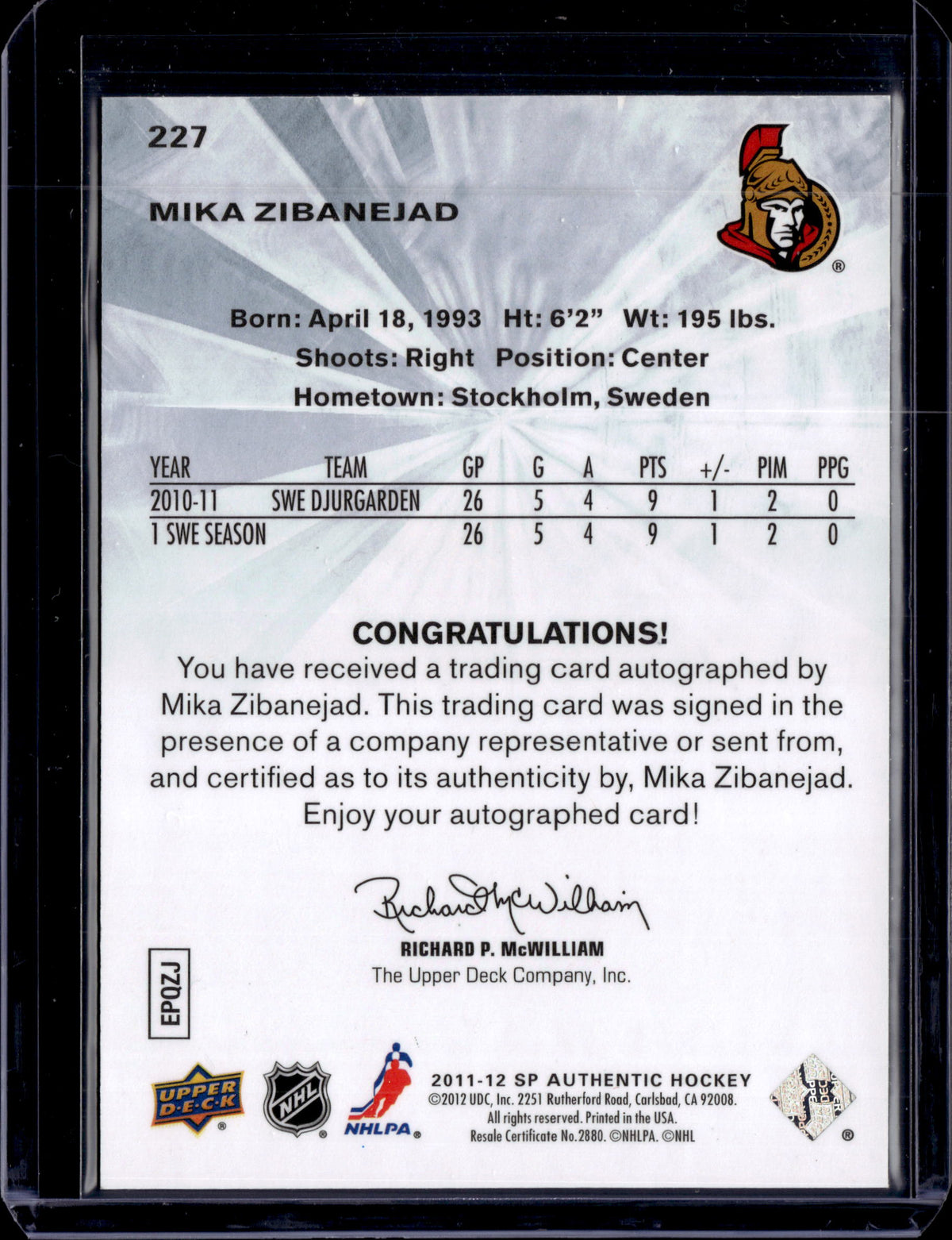 2011-12 SP Authentic Mika Zibanejad Autographed Future Watch
