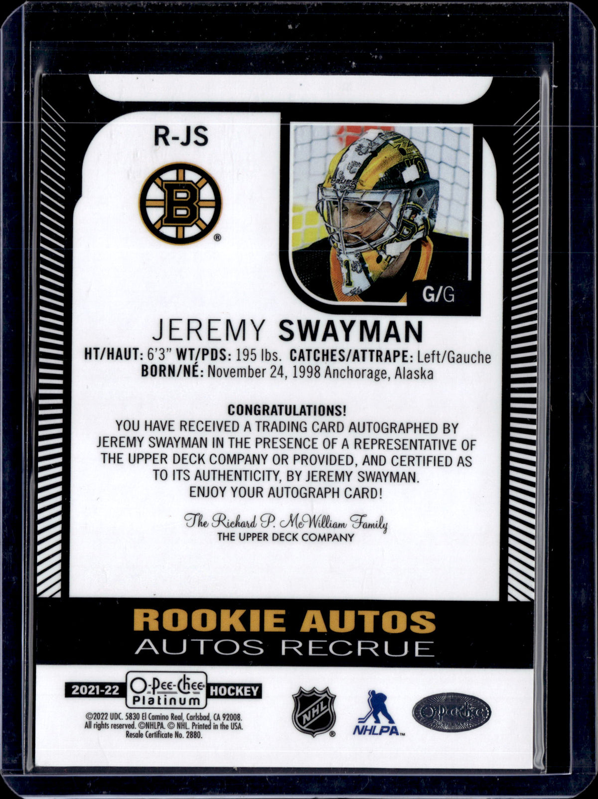 2021-22 O-Pee-Chee Platinum Jeremy Swayman Auto