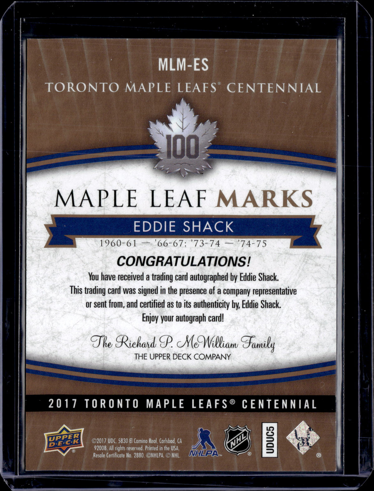 2017 Toronto Maple LEafs Centennial Eddie Shack Maple Leaf Marks