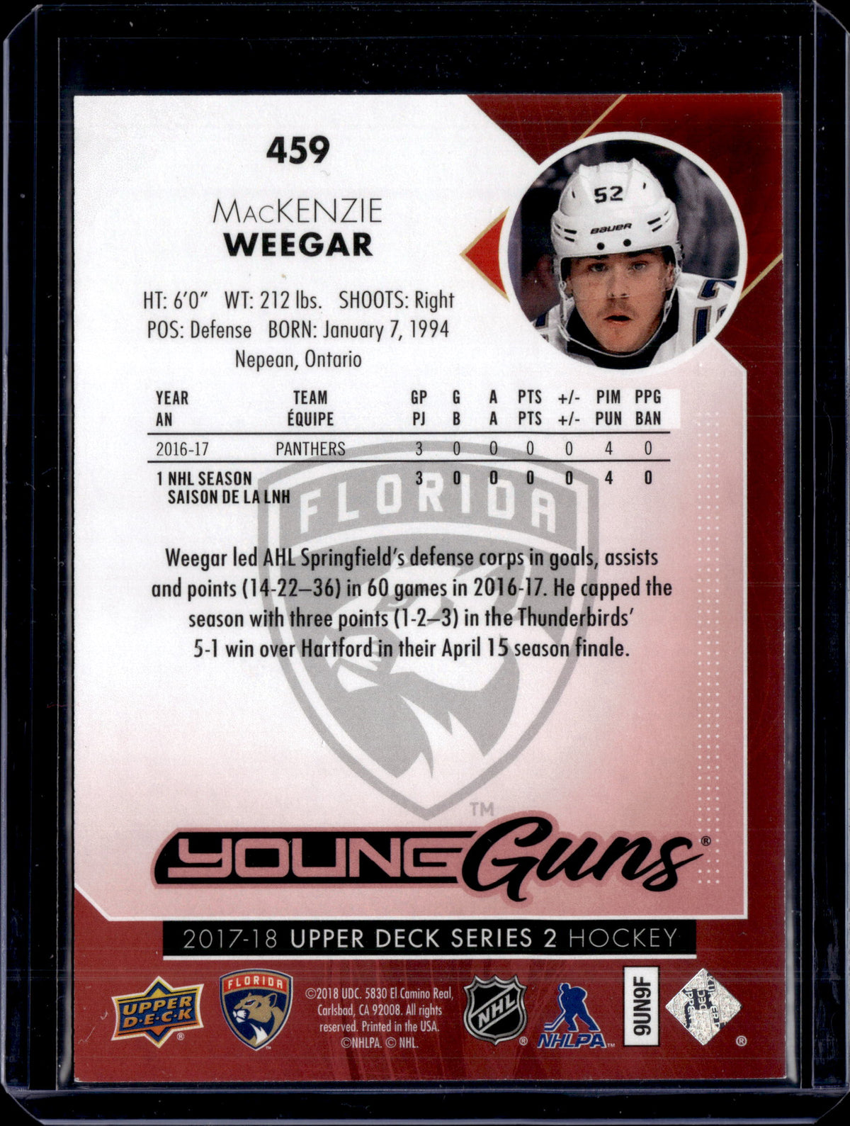 2017-18 UD Series 2 MacKenzie Weegar Young Guns Exclusives /100