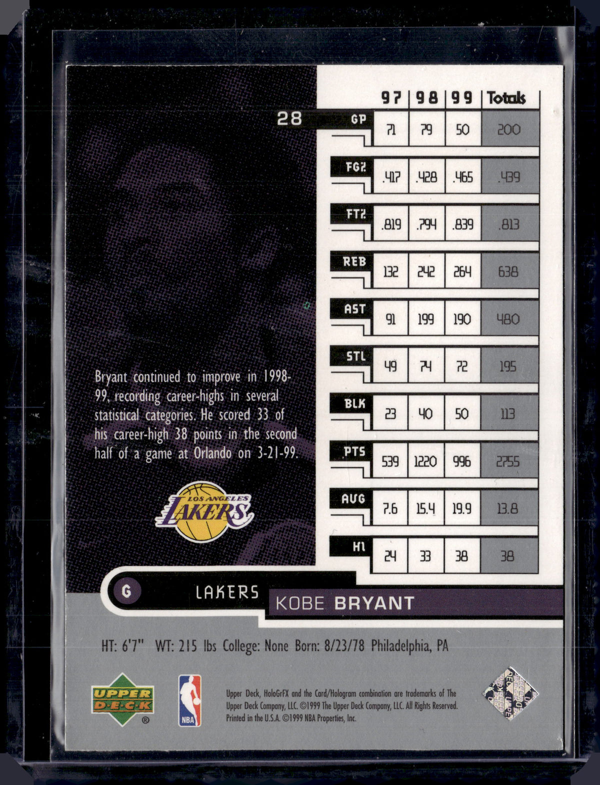1999-00 Upper Deck HoloGrFX #28 Kobe Bryant HOF Los Angeles Lakers