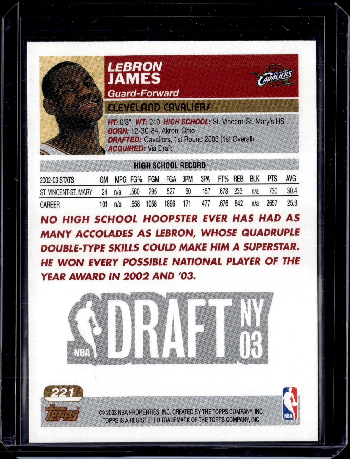 LeBron James 2003-04 Topps #221 Rookie RC #1 Draft Pick