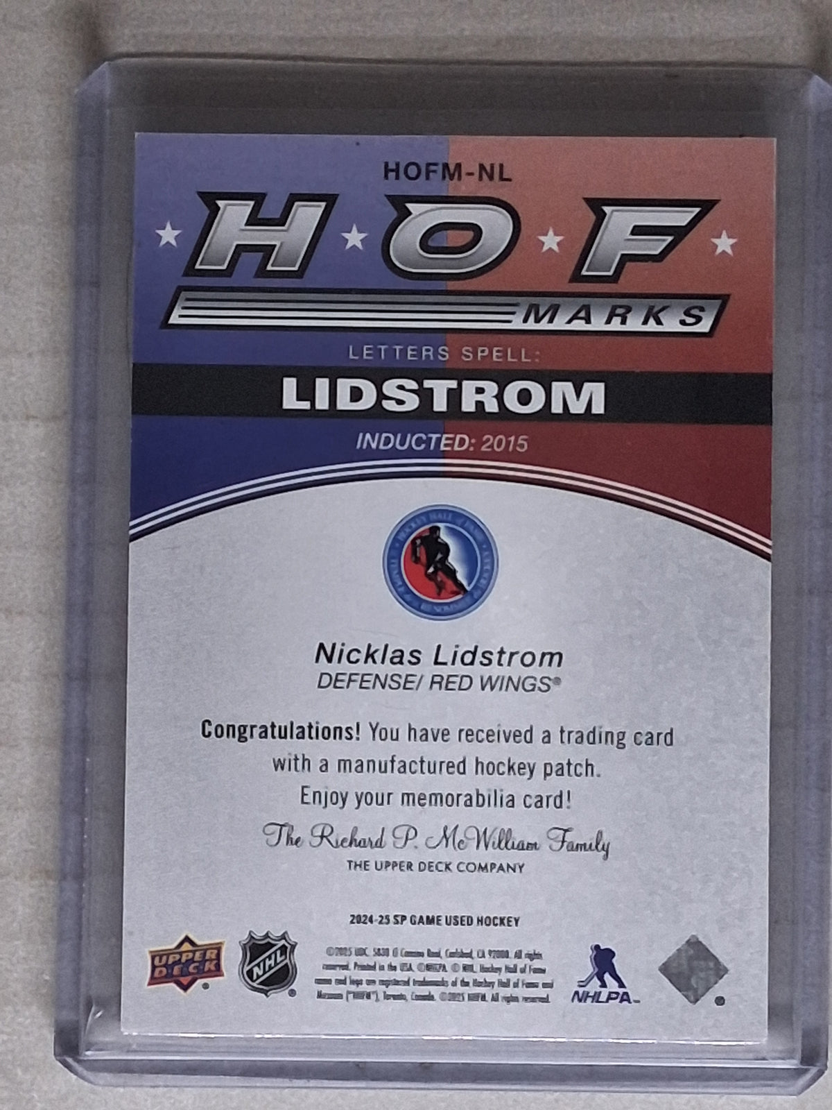 2024-25 SP Game Used Nicklas Lidstrom H.O.F Marks 'M' /35