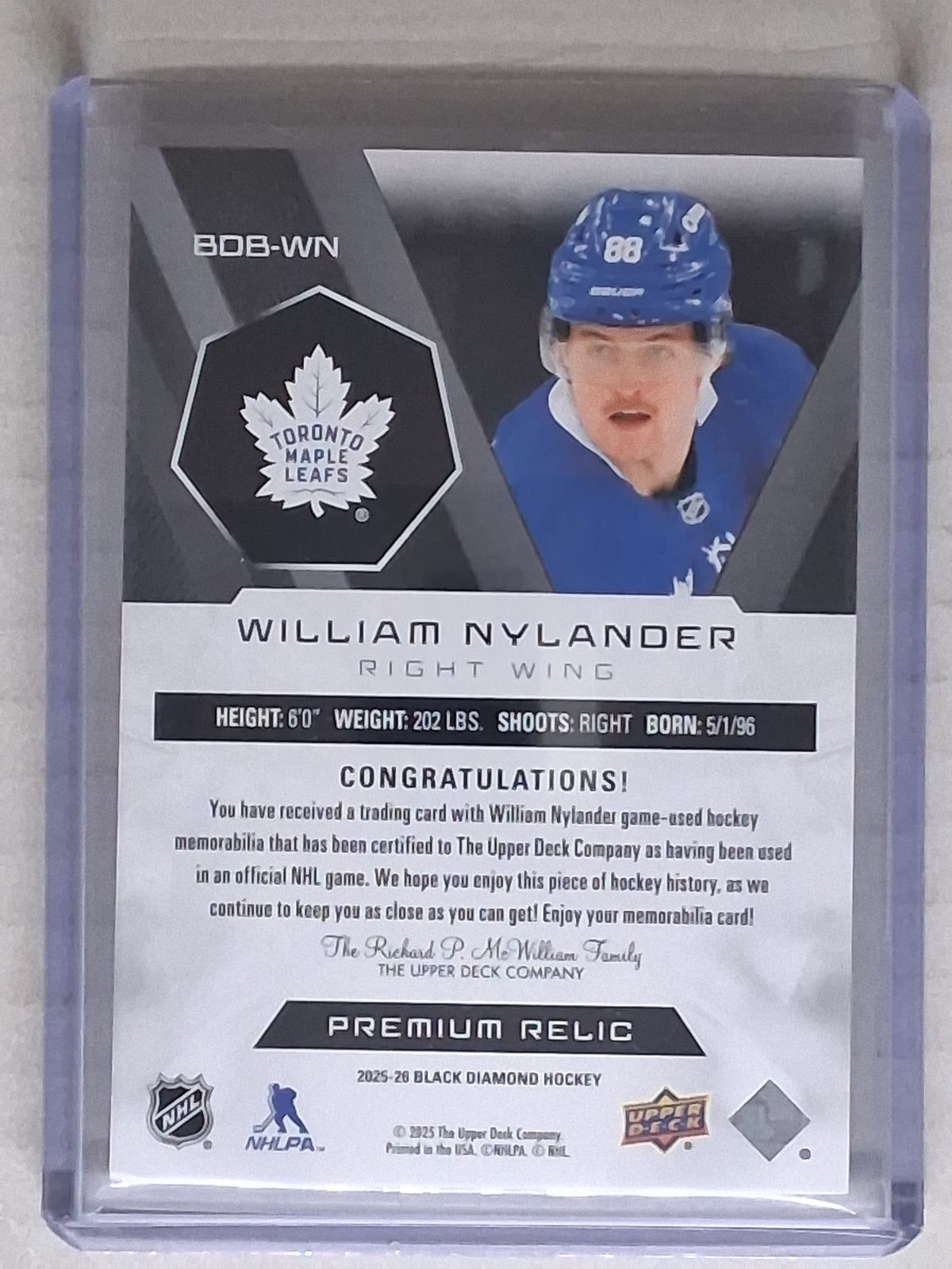 2025-26 Black Diamond William Nylander Premium Relic /25