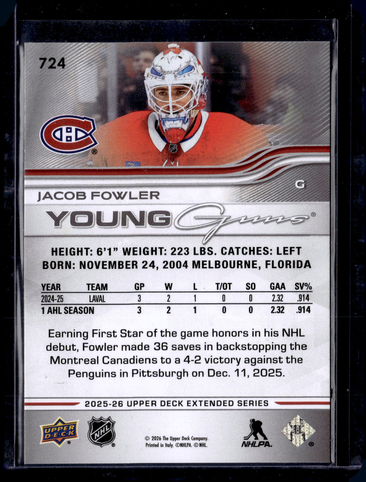 2025-26 Extended Upper Deck Young Guns Jacob Fowler #724