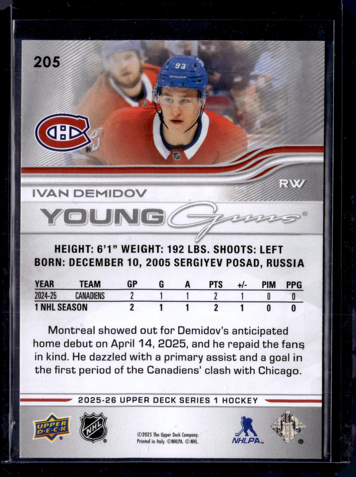 2025-26 Upper Deck Series 1 - Young Guns Ivan Demidov #205 (RC)