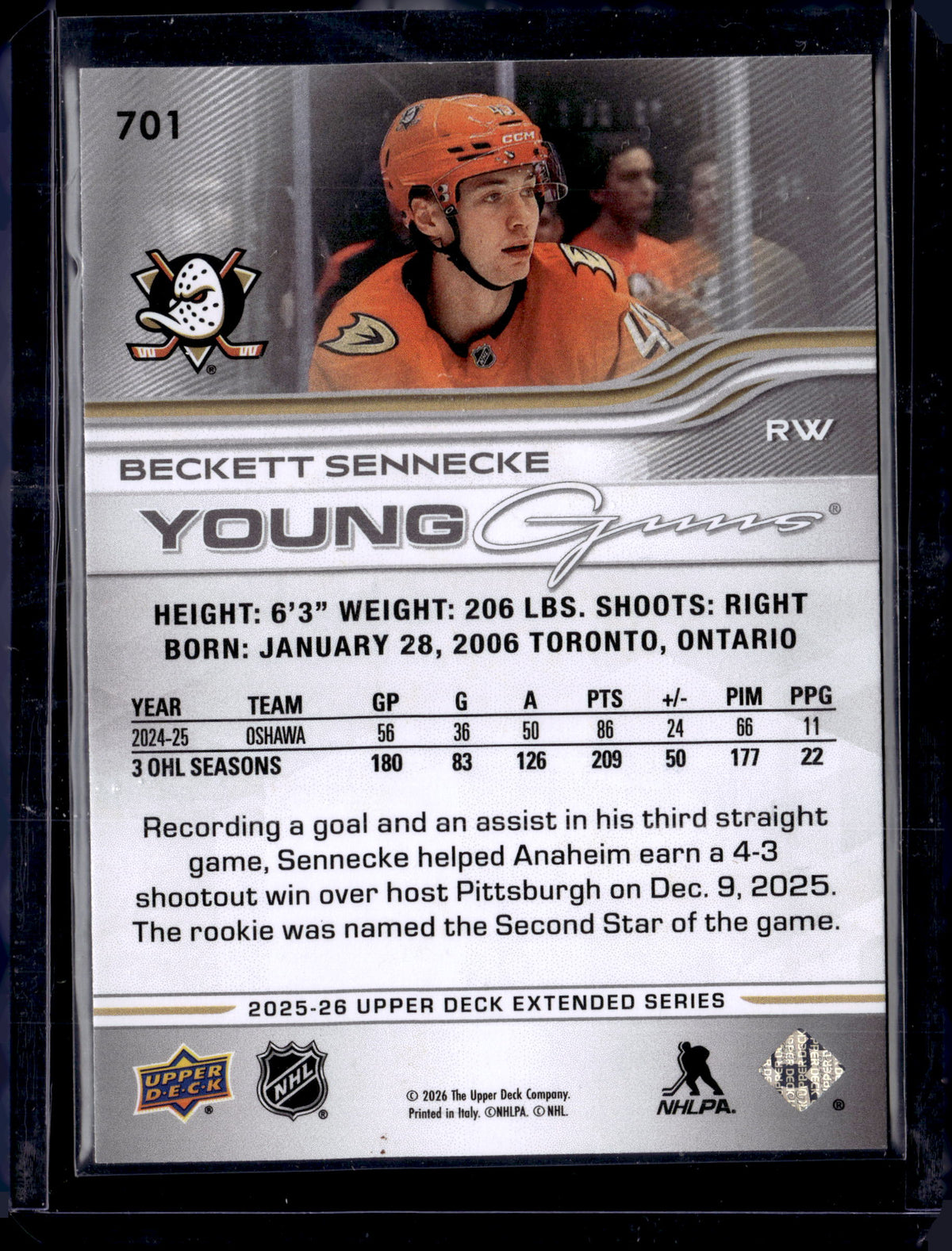 2025-26 Upper Deck Beckett Sennecke RC Young Guns #701