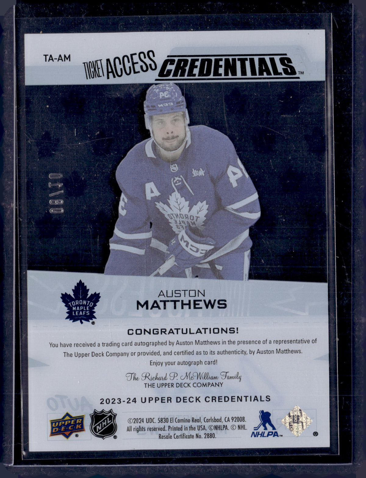 2023-24 UD Credentials Auston Matthews Ticket Access Auto /10