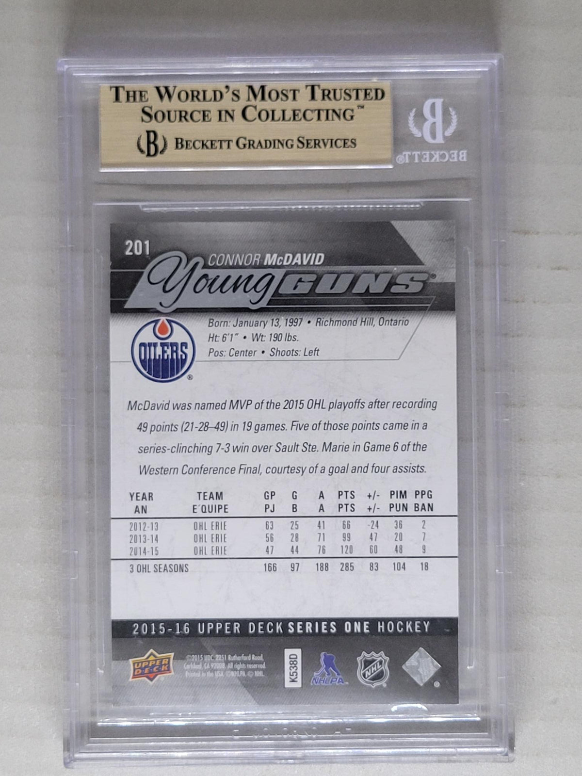 2015-16 Upper Deck YG RC #201 Connor McDavid BGS 9.5