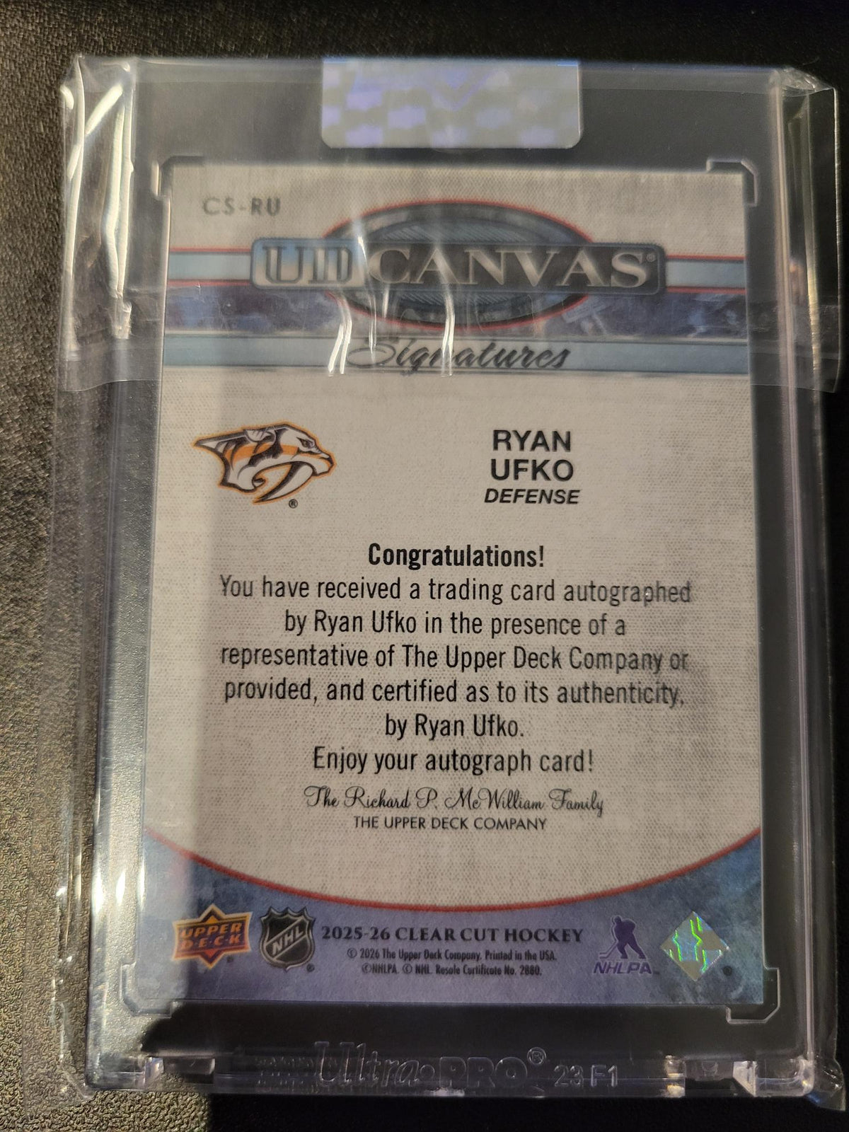 2025-26 Upper Deck Clear Cut Ryan Ufko Auto Canvas Signatures Red Ink /85 #CS-RU