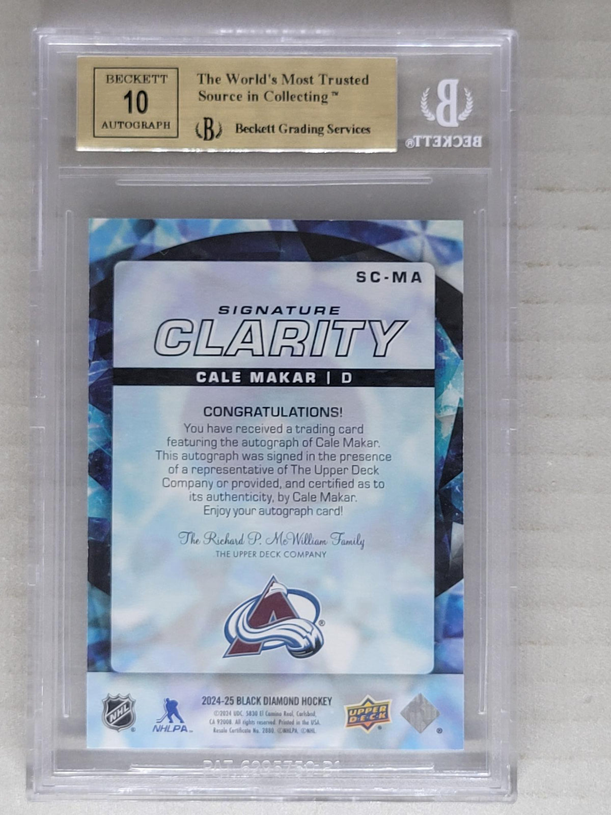 2024-25 UD Black Diamond Cale Makar Signature Clarity /10