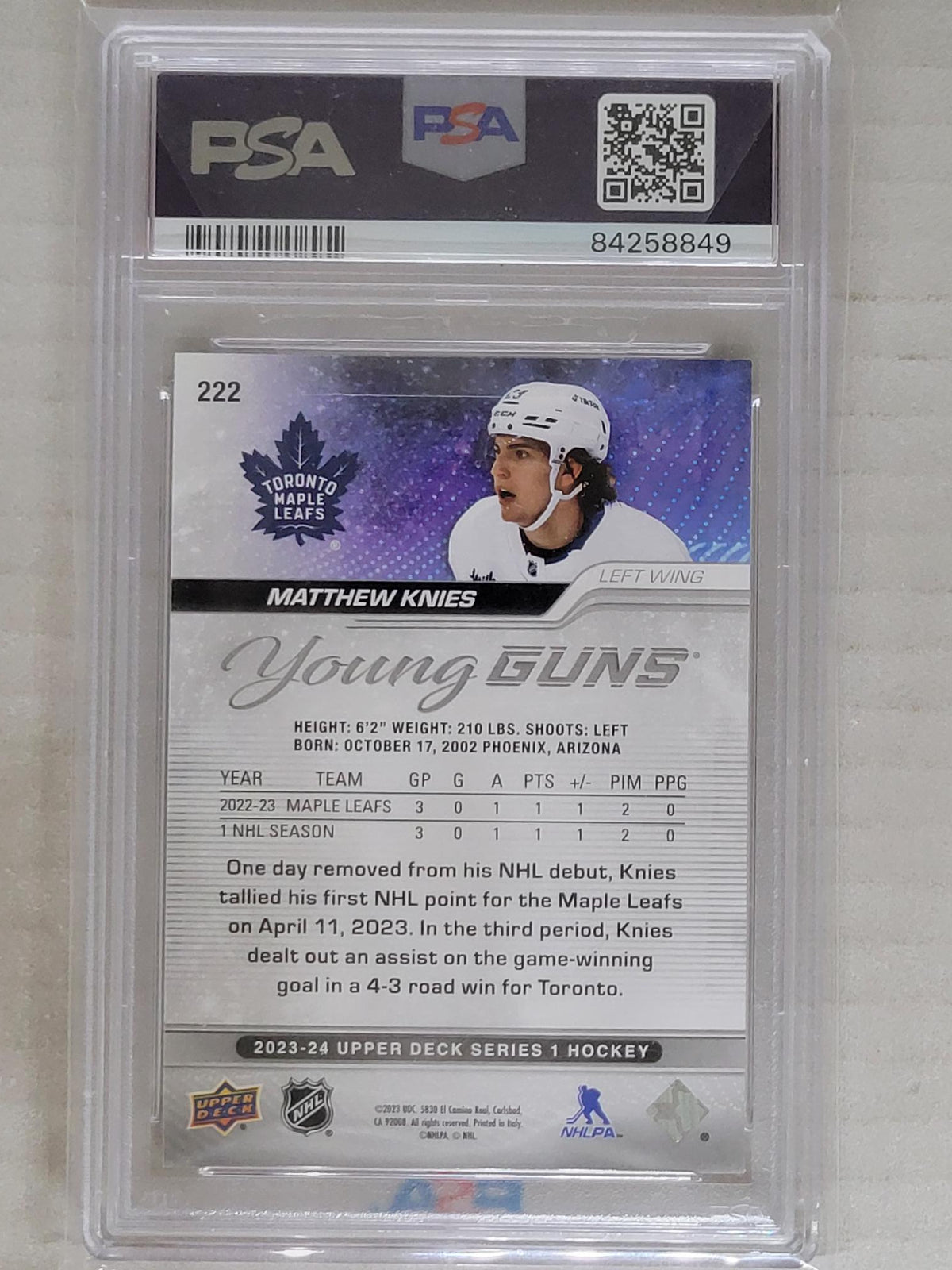 Upper Deck 2023-24 Series 1 Young Guns #222 Matthew Knies RC PSA 9 MINT