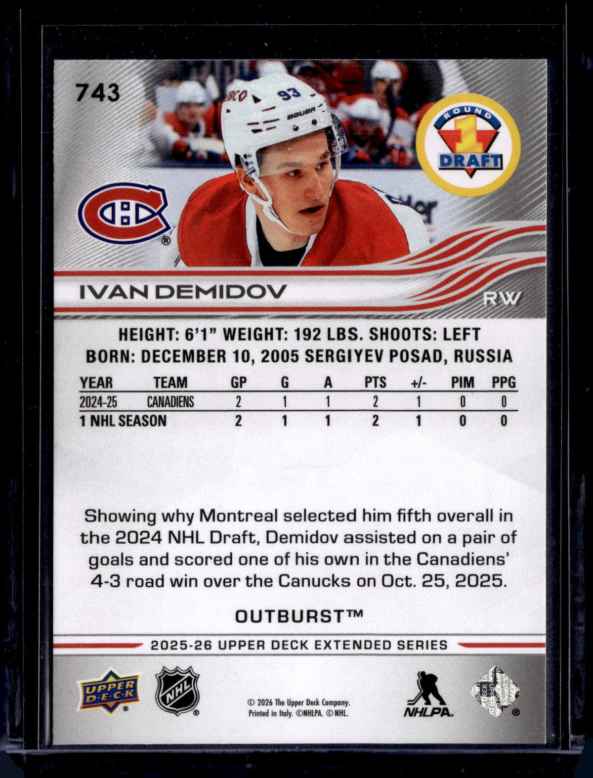 2025-26 Upper Deck Round 1 Draft Outburst Ivan Demidov