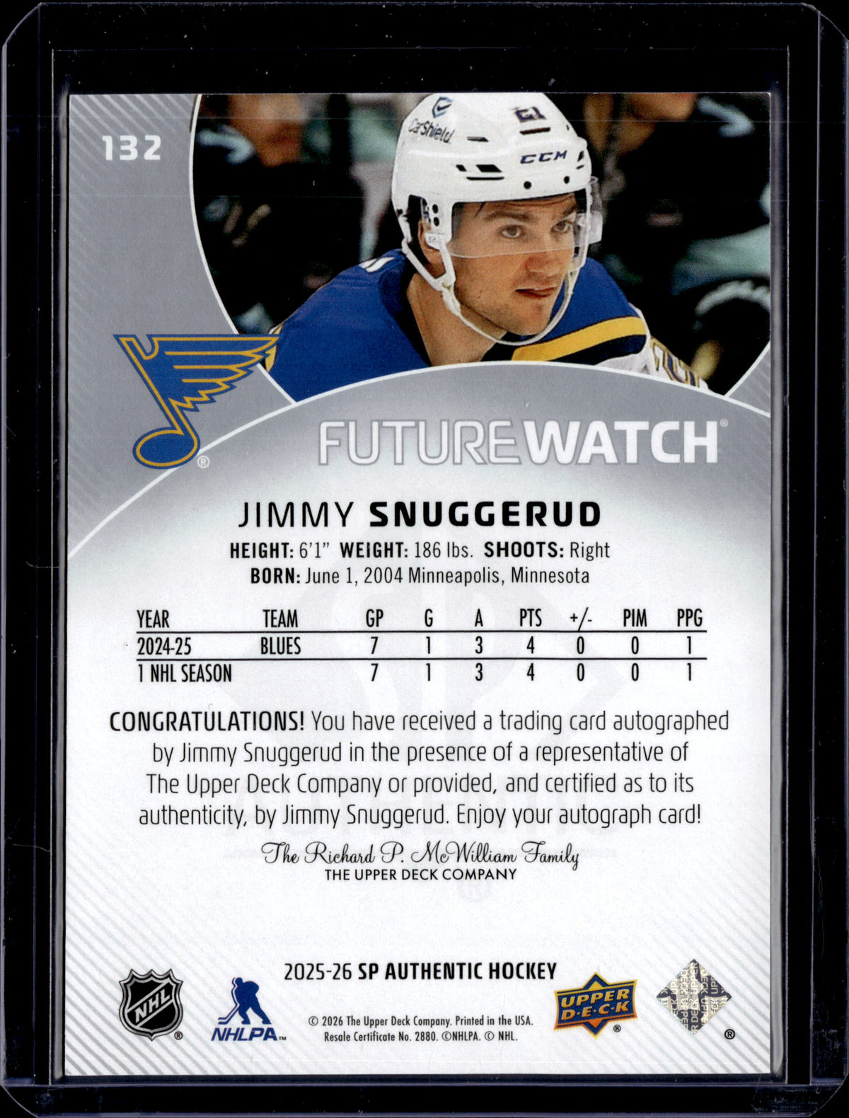 2025-26 SP Authentic Future Watch Auto /999 Jimmy Snuggerud