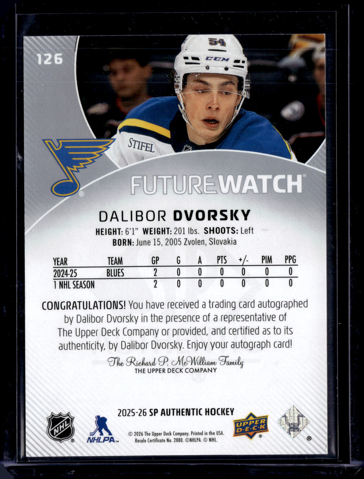 2025-26 SP Authentic Future Watch Auto /999 Dalibor Dvorsky