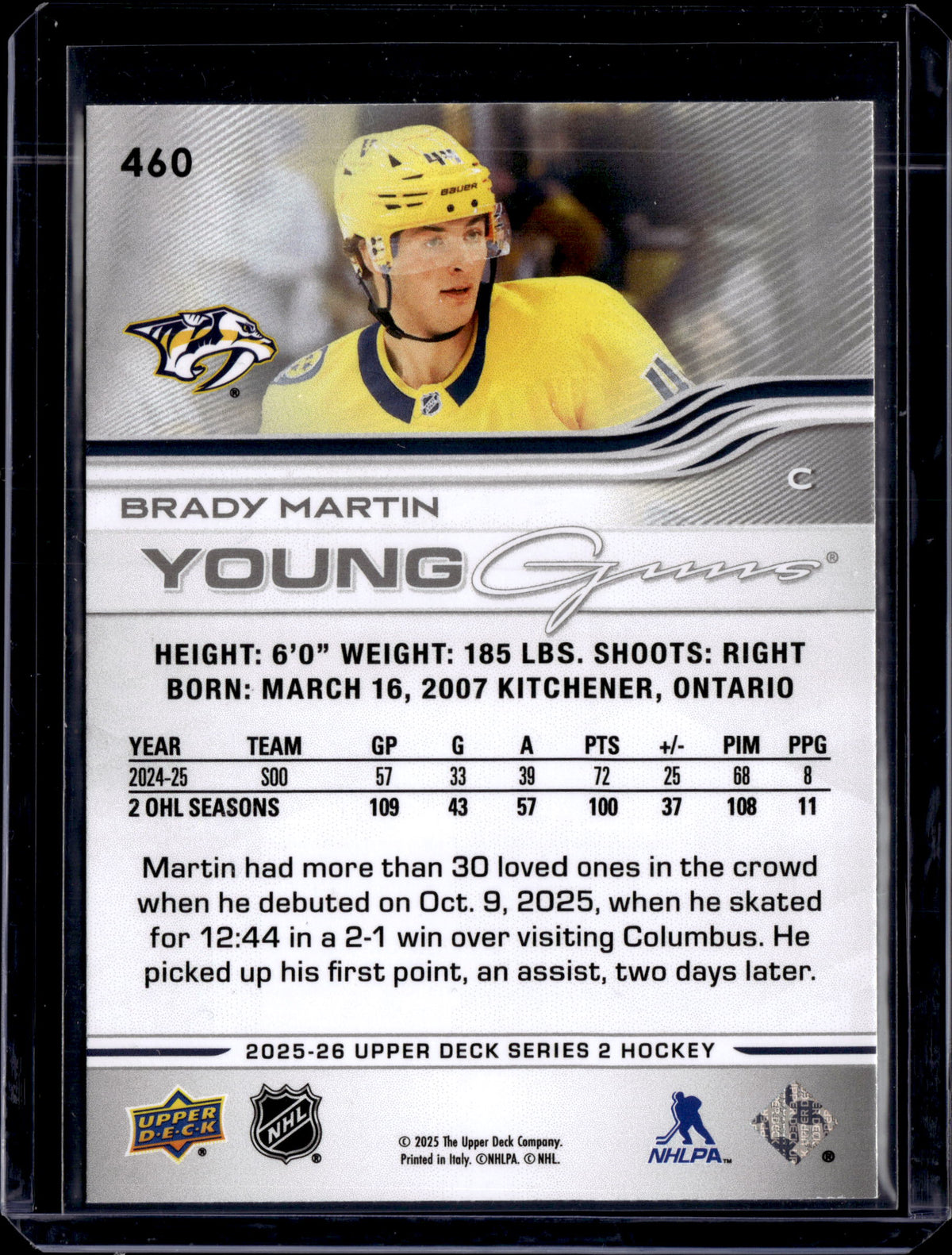 2025 Upper Deck Series 2 Young Guns Deluxe/250 Brady Martin #460