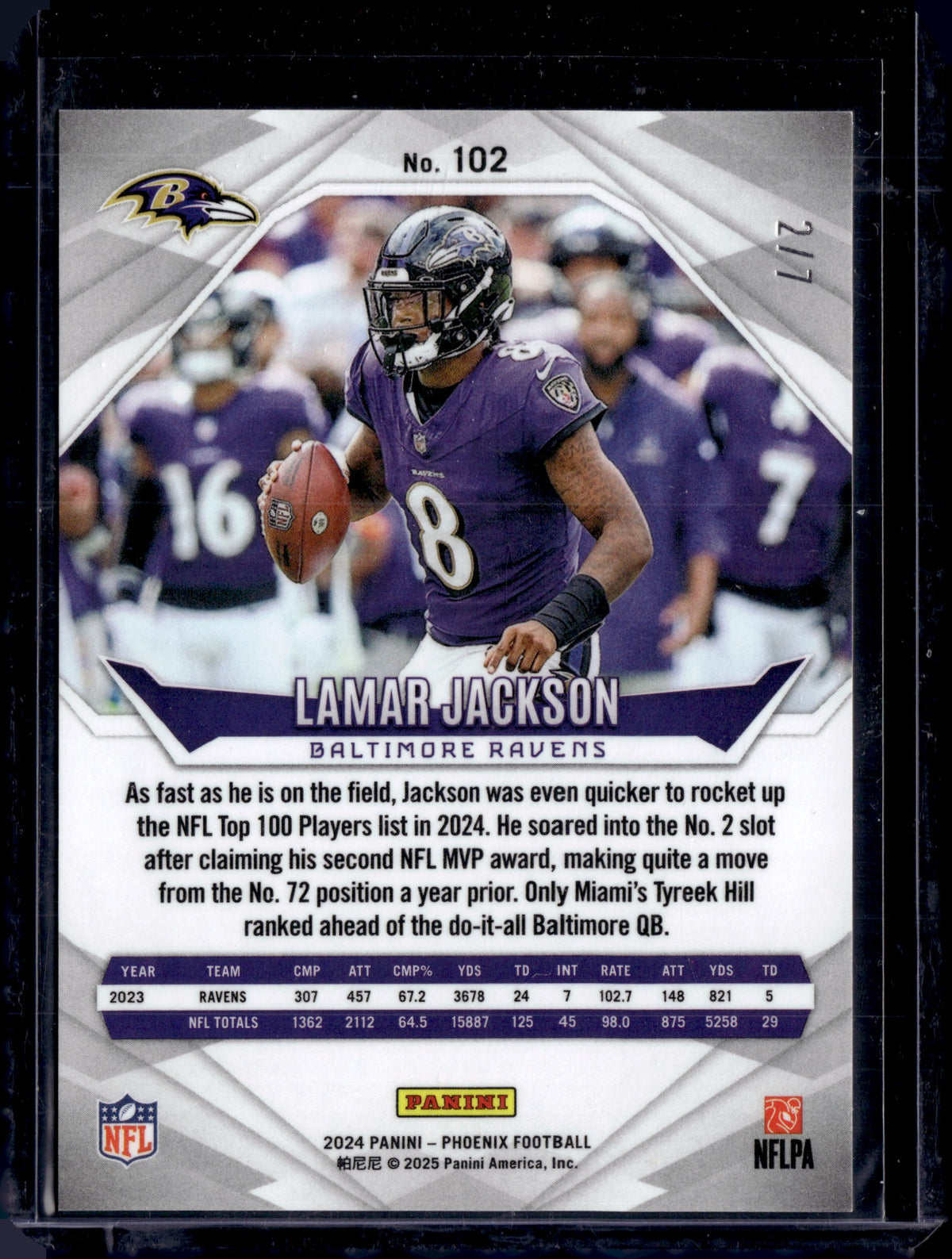 2024 Panini Phoenix Football Lamar Jackson Teal Cracked Ice /7 #102 Ravens