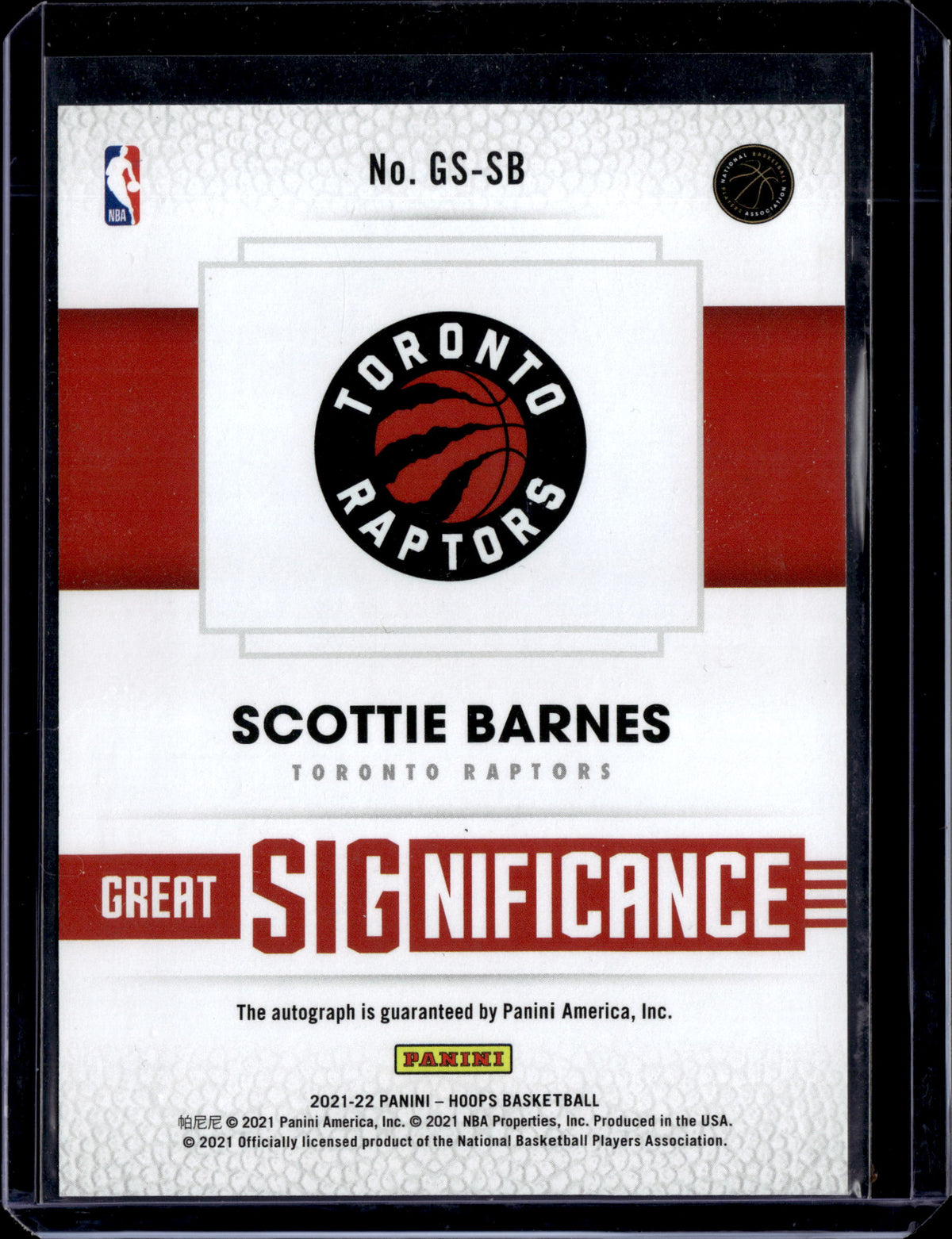 2021-22 Hoops Great SIGnificance Scottie Barnes RC Auto Toronto Raptors #GS-SB