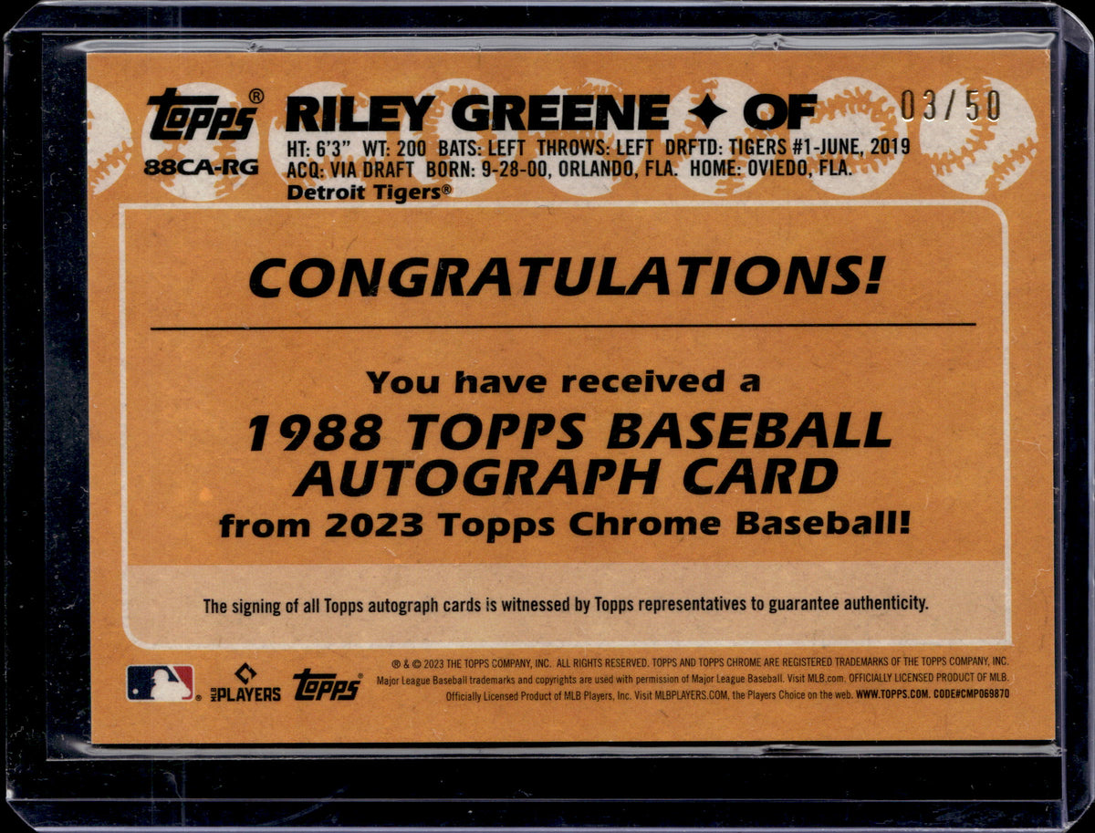 2023 Topps Chrome: # 88CA-RG RIley Greene Refractor Auto /50 RC Detroit Tigers