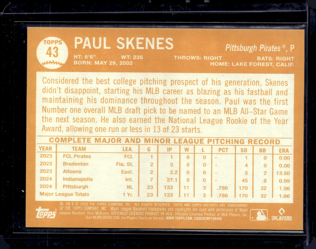 Topps 2025 Archives Paul Skenes #43 Pittsburgh Pirates Red /50