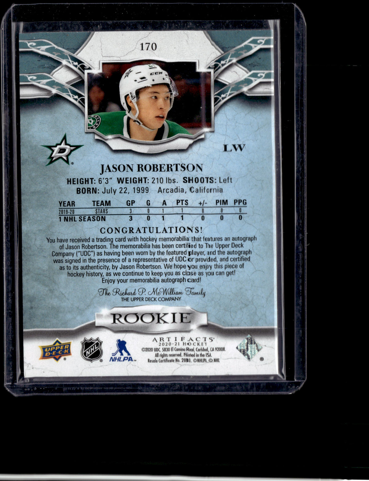 2020-21 UD Artifacts Hockey Jason Robertson #170 RC Rookie Dual Jersey Auto /99