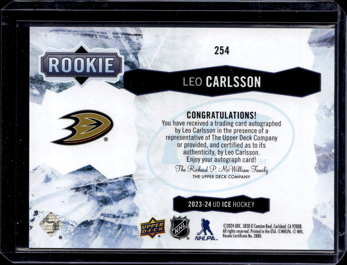 2023-24 Upper Deck Ice Leo Carlsson White Snowflake Auto RC SSP #254