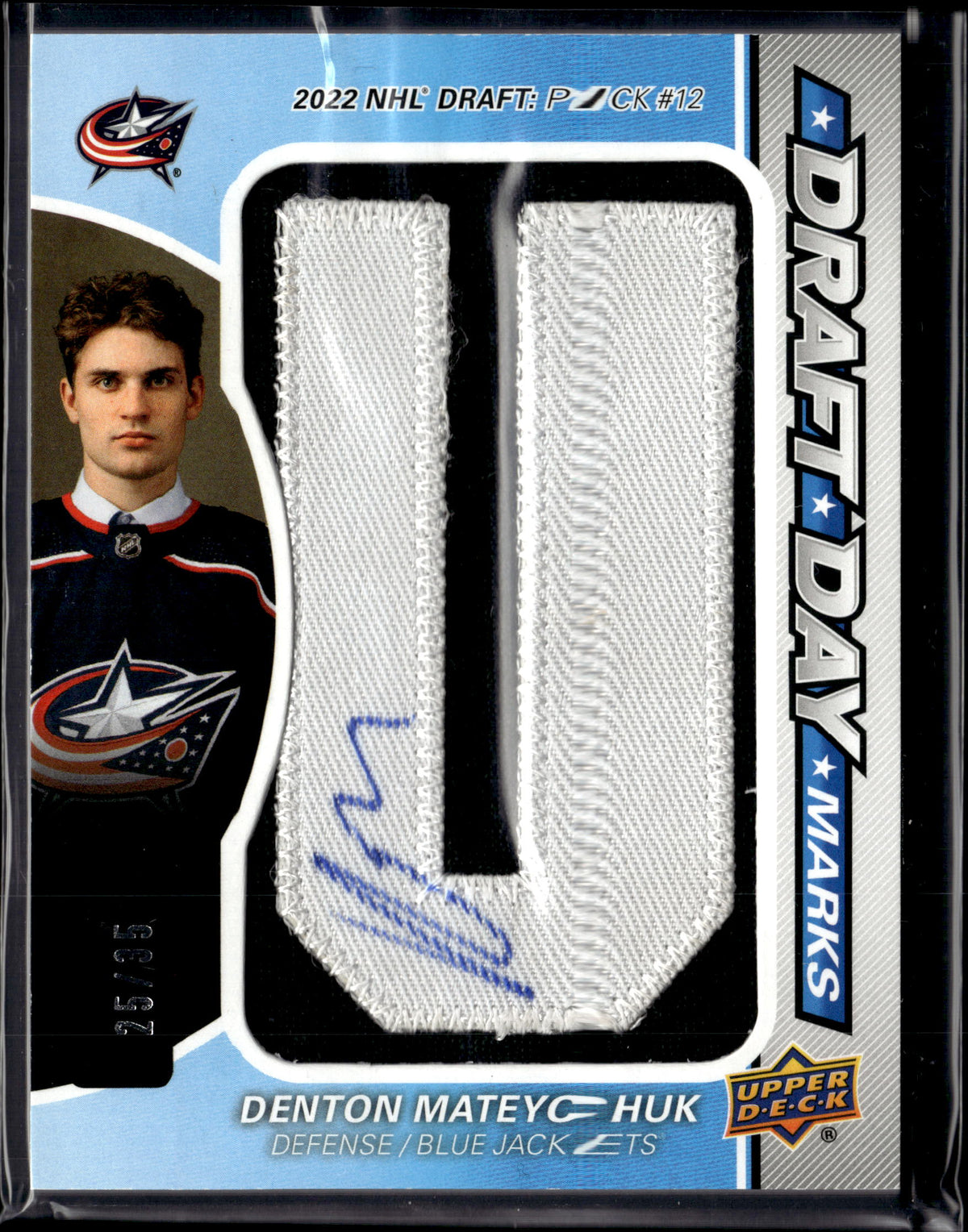 2025-26 SP Game Used Draft Day Marks Denton Mateychuk RC Auto "U" Patch /35