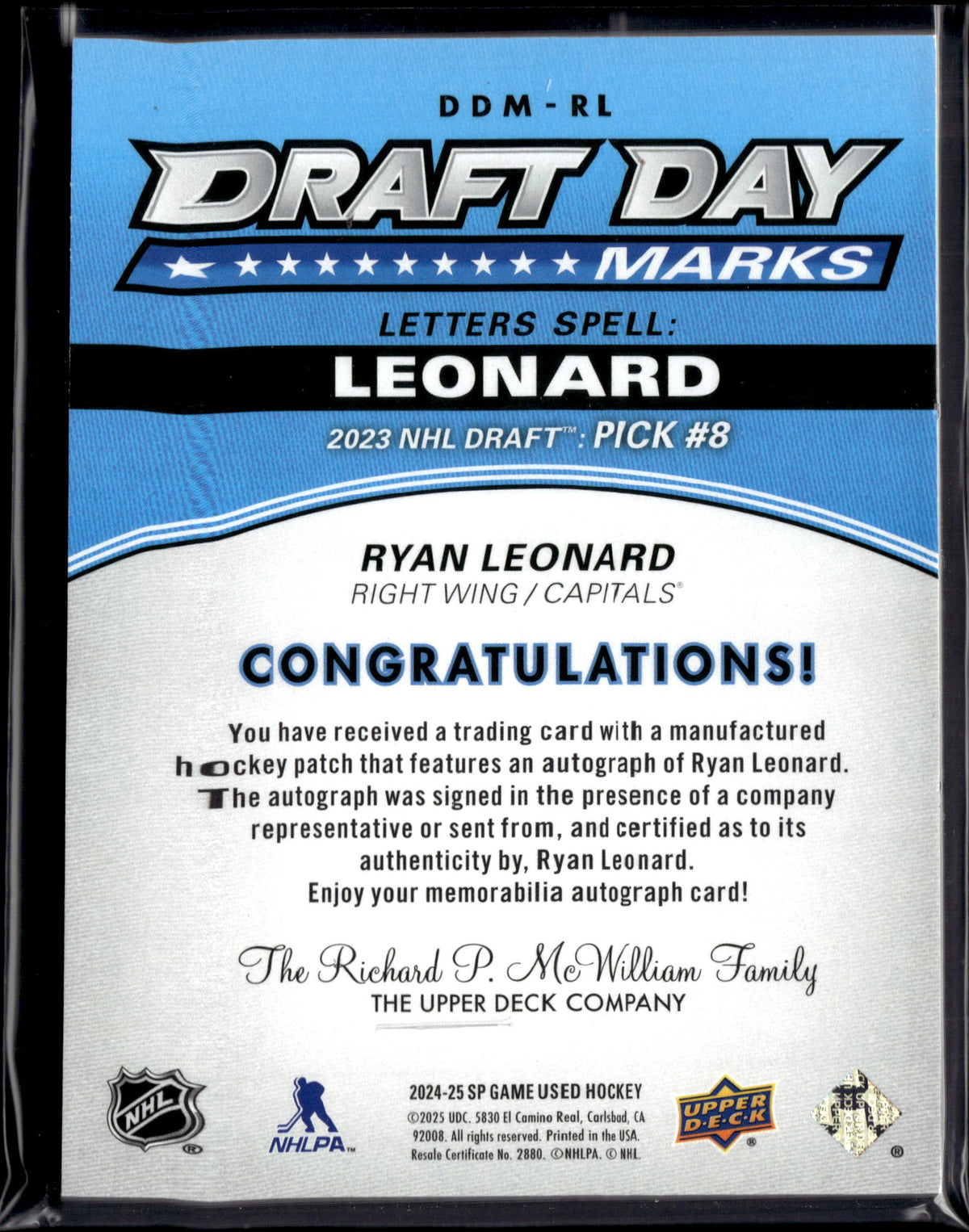 2024-25 Upper Deck SP Game Used Draft Day Marks /35 Ryan Leonard Rookie Auto