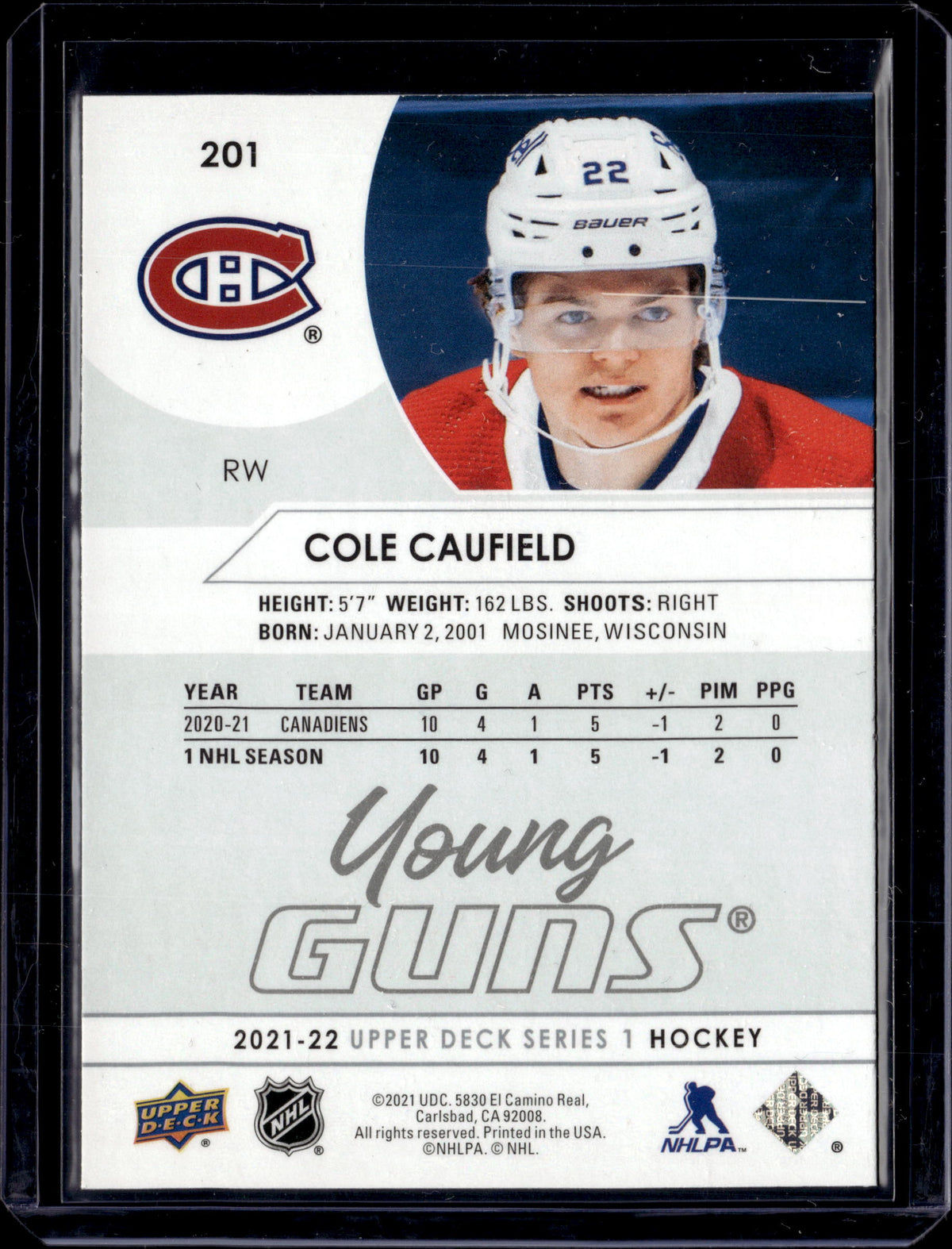 2021-22 Upper Deck Series 1 Young Guns Cole Caufield