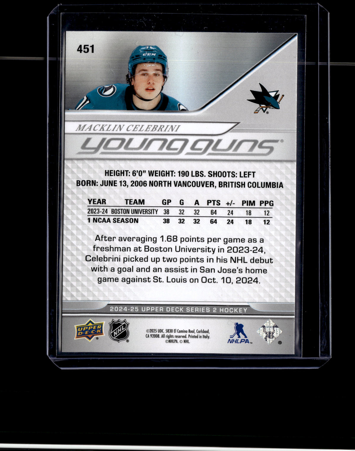 2024-25 Upper Deck Series 2 Young Guns Macklin Celebrini #451 (RC)