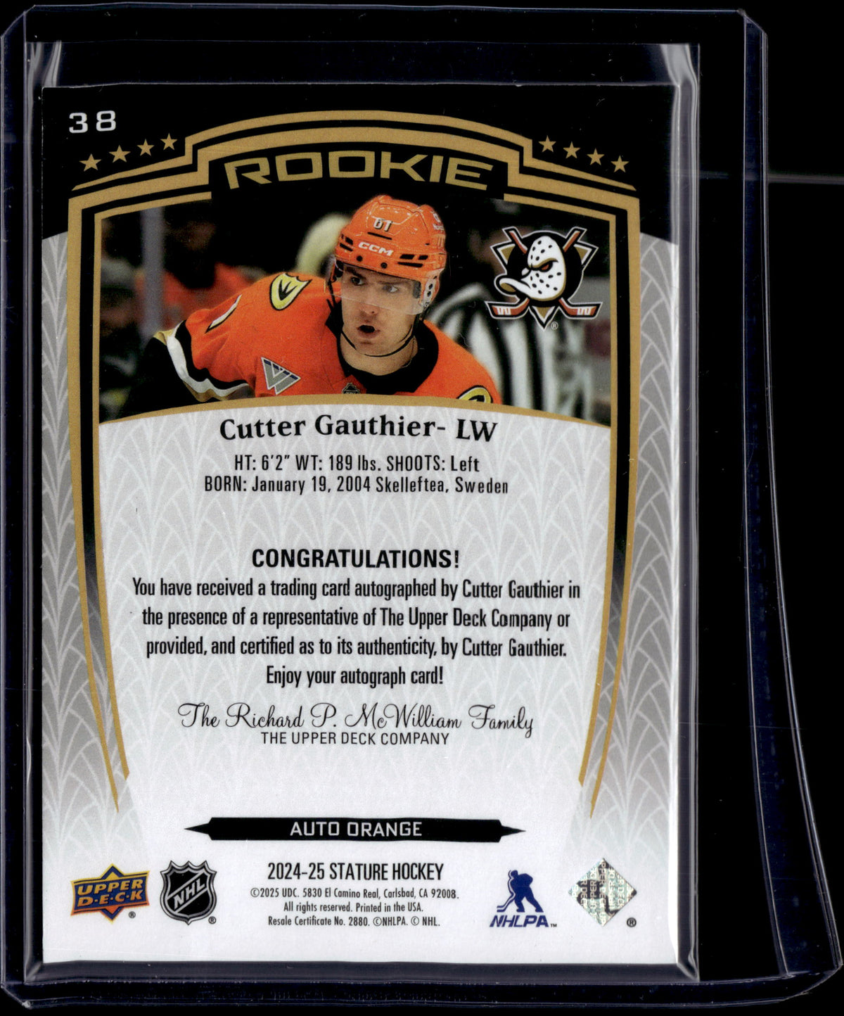 2024-25 Stature  #38 Cutter Gauthier Auto Orange Rookie /50